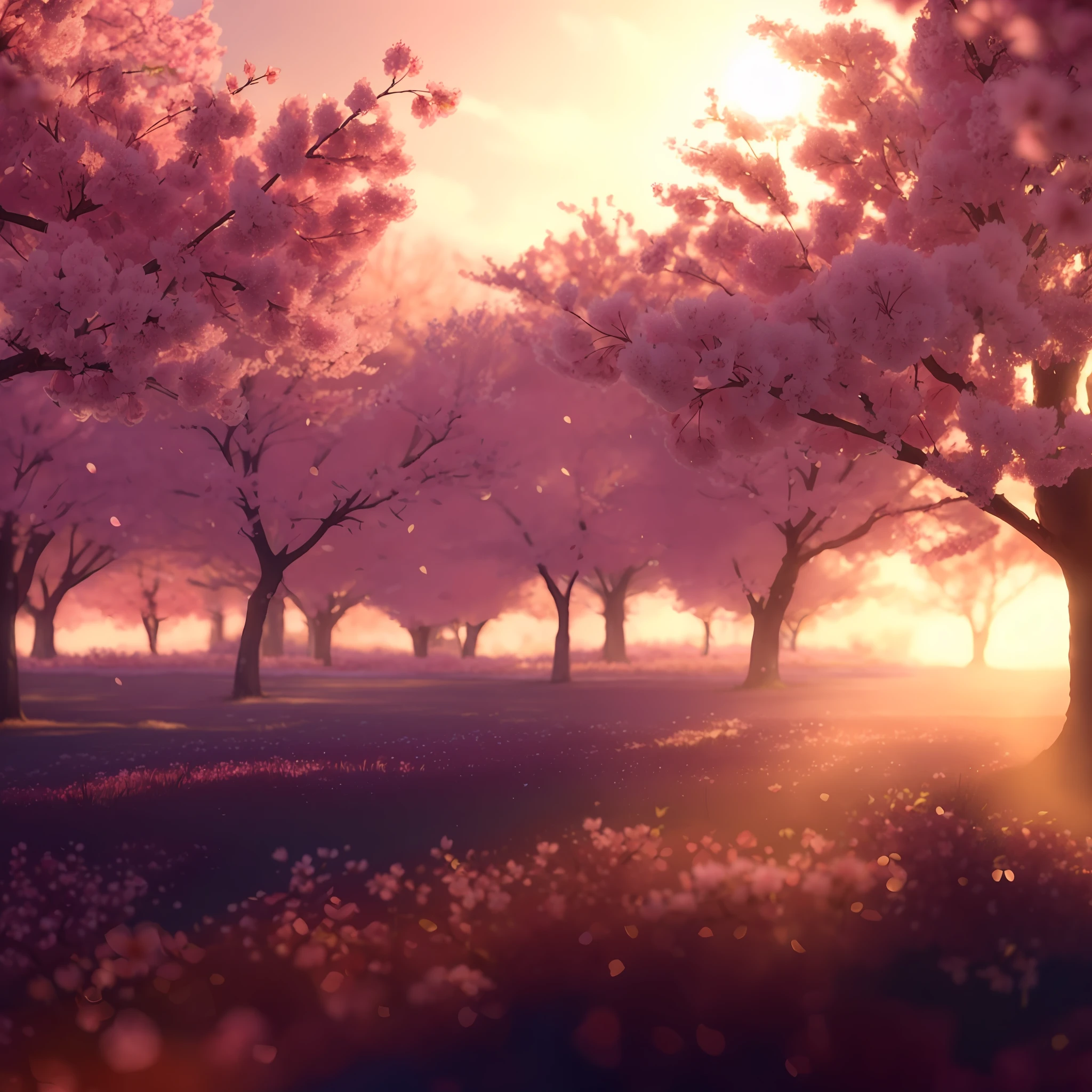 Close up portrait of a tree with pink flowers in a field, cherry blossom forest, The cherry tree, sakura season dynamic lighting, background artwork, The cherry tree, cherry trees, lush sakura trees, anime landscape wallpapers, beatiful backgrounds, anime lush john 8k woods, soft light 4 k in pink, Background art, Anime Background, spring evening, Beautiful anime scenery