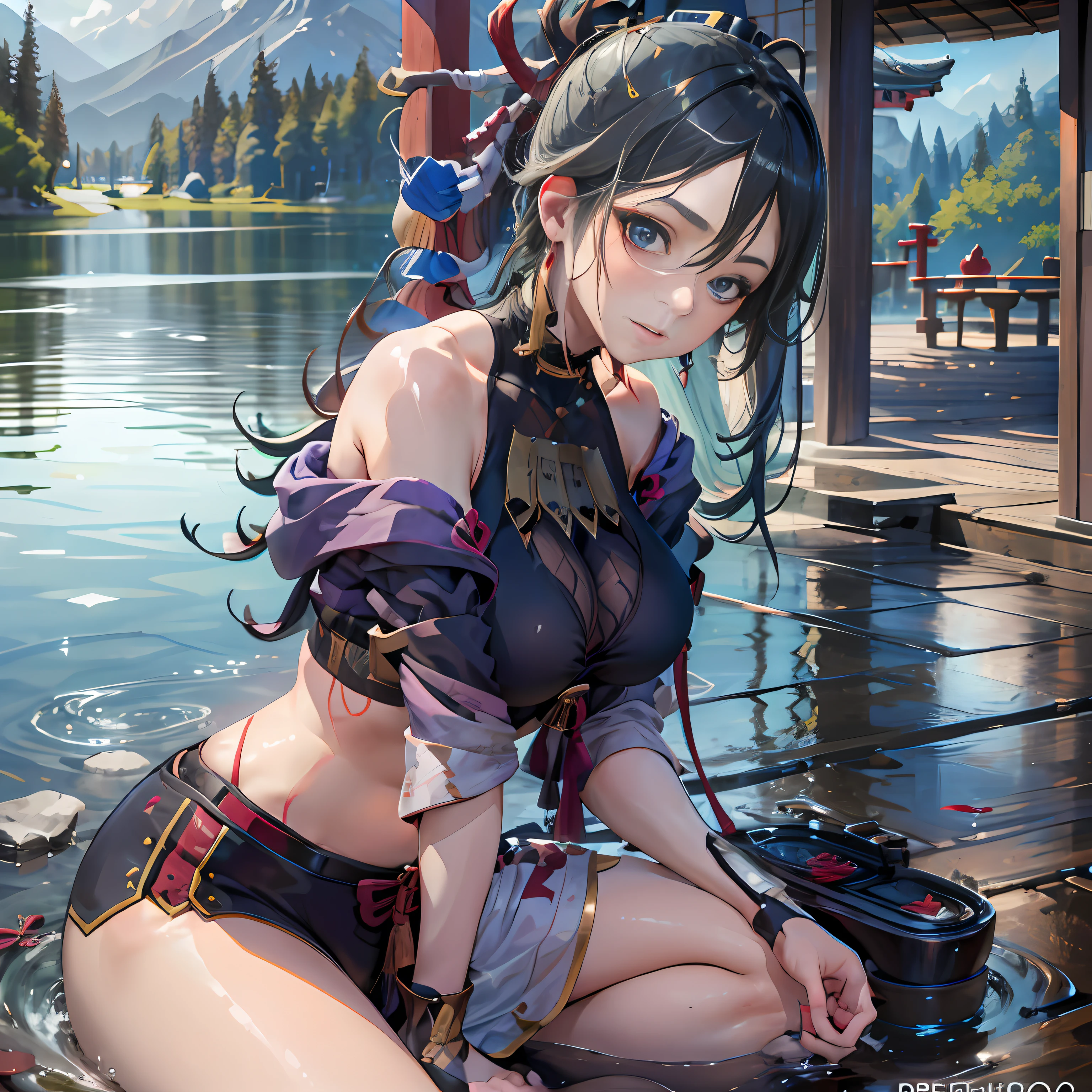 Whole body, (10, beste-Qualit, master-piece: 1.4), ultra-high resolution, (lifelike, photorealistic portrait: 1.48), 20 age, Cute Girl, Beautiful girl striptease, Nude, Famous Japanese actors, gigantic breasts, Blue Eyes, Head tilt, cowboy shot, from the side, looking at the audience, expressionless, Beautiful lake, Zeiss 150mm F/ 2.8 Hasselblad, In Japanese shrines, Whole body, foot, Ultra-Wide Angle