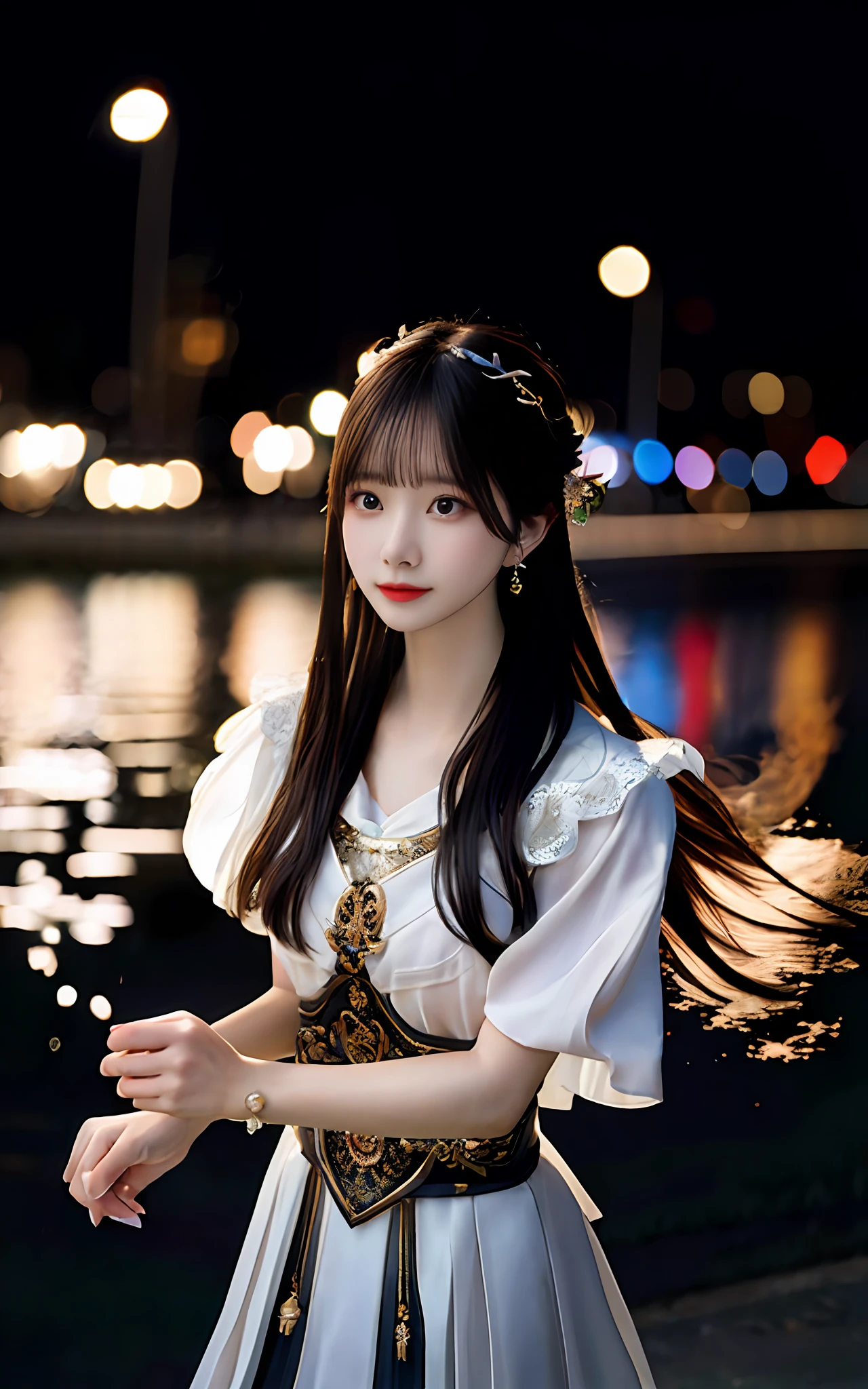 (realisticity: 1.2), best quality,masterpiece,highres,cg,
1girl,weapon,sword,long hair,dress,water,solo,jewelry,white dress,earrings,hair ornament,splashing,upper body,hair bun,black hair, city bacgraun realistis,
lighting,candid,Photograph,high resolution,4k,8k,Bokeh,