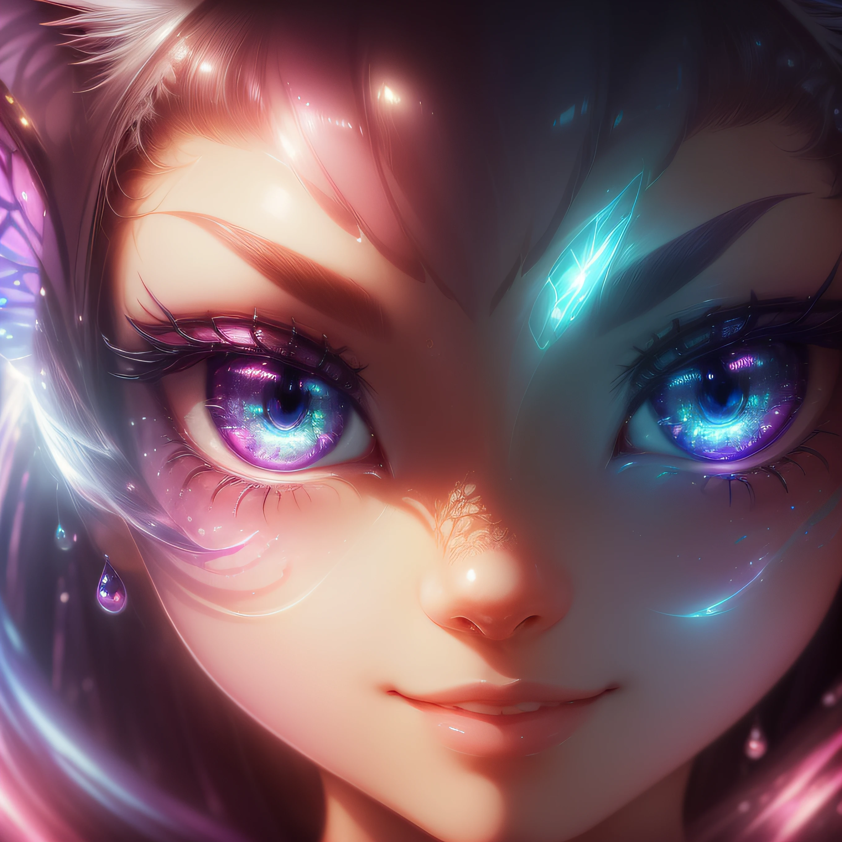smirk、(eyes with a clear large round outline,,,,、Sapphire green eyes,、Glowing eyes、Eye Gloss)(Raise the corners of your mouth and smile、Open lips、teeth are slightly visible、Pink lips、lipgloss)close-up of the smile face、grin、dreamlikeart、Highly detailed airbrush art、intricate detailes、Volumetric lighting、top-quality、The ultra-detailliert、The composition of the movement、Highly detailed colorful details、Irridescent color、Bright lighting、dream-like、Magical、dynamic compositions、The mirror reflects light、Shallow depth of field、ultra-detailliert、mixing exposure、Super masterpiece、vivd colour、colourfull、One woman's face、I have a cute cat、Anthropomorphic representation、Rich colors、exquisitedetails、(butterflys,Exquisite butterflies,Ultra CG), (High resolution:1.5)、Colorful、Enchanting sunsets、Dynamic and breathtaking scenes、