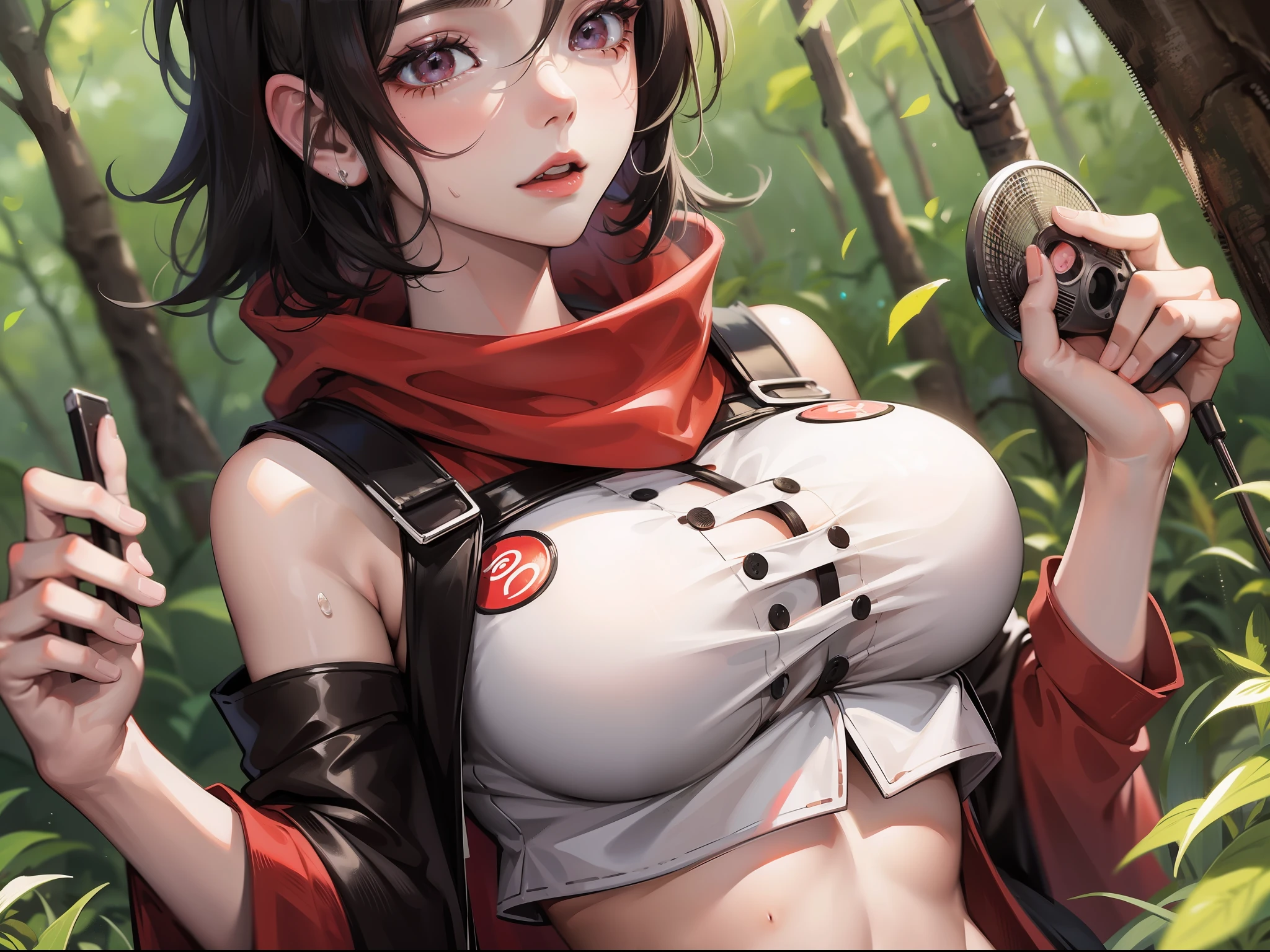 Sarada uchiha, crop top, breast, nice, forest, Sweat, holding breasts