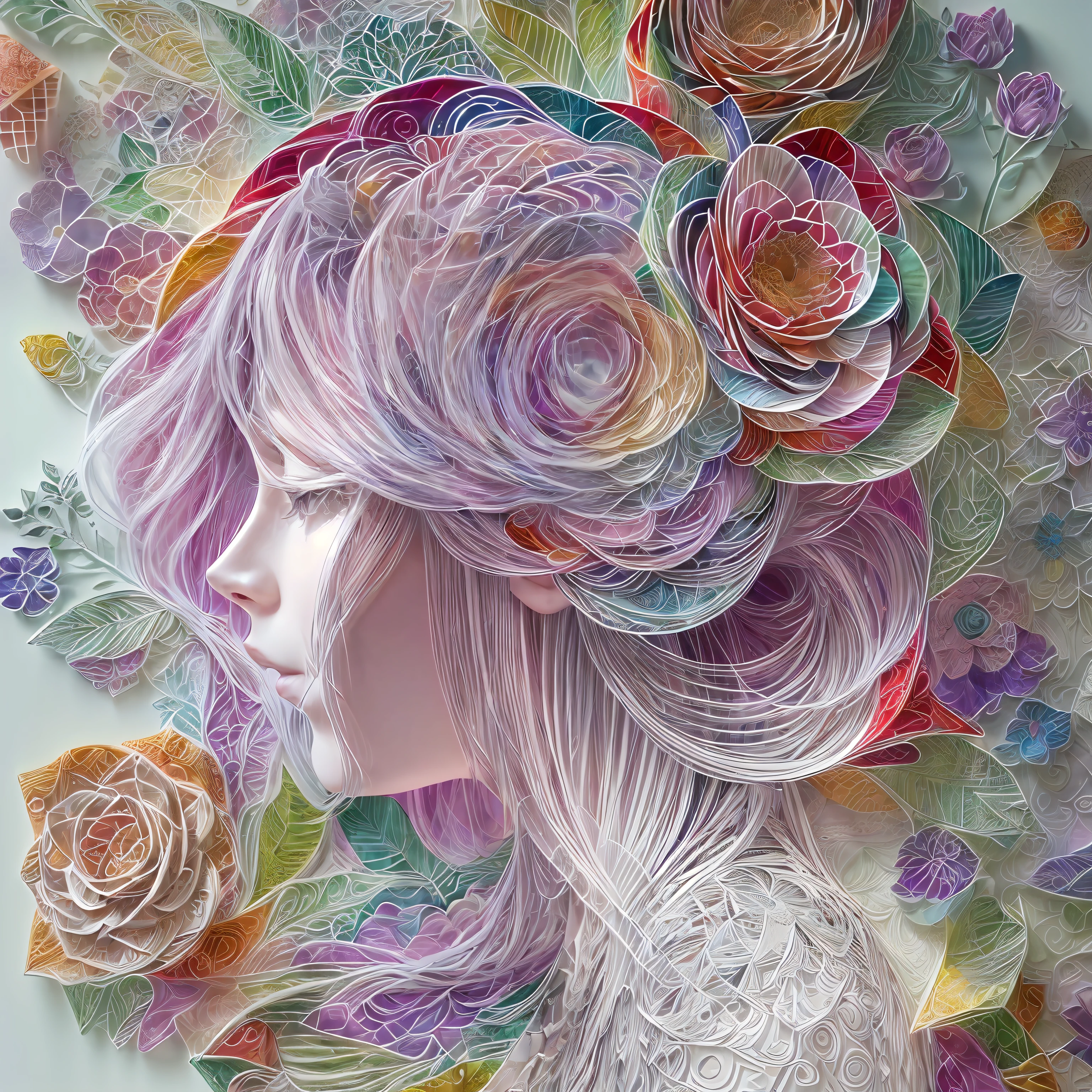 (Hologram :1.5),( Silhouette of a beautiful woman , Colorful camellias ), White background ,( paper art , Quilted paper art :1.2, geomerty :1.1, zentangle , a 3D render ),( Extremely colorful , Best quality , high detal , Masterpiece , Cinematic lighting ,4K)