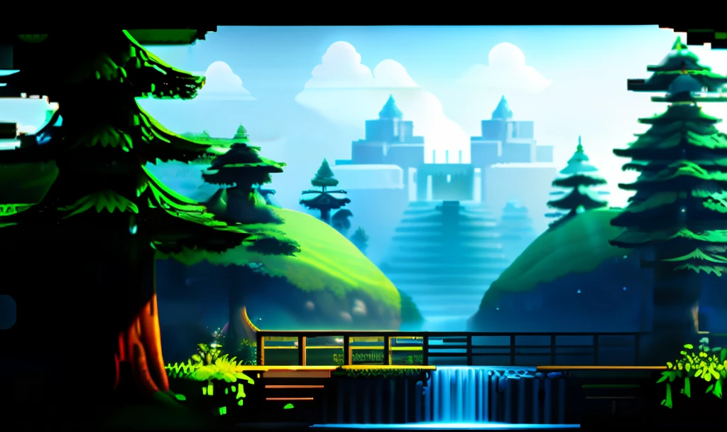 ambiente de videogame pixelart, Forest with waterfalls and trees everywhere, estilo pixelart, Super Mario