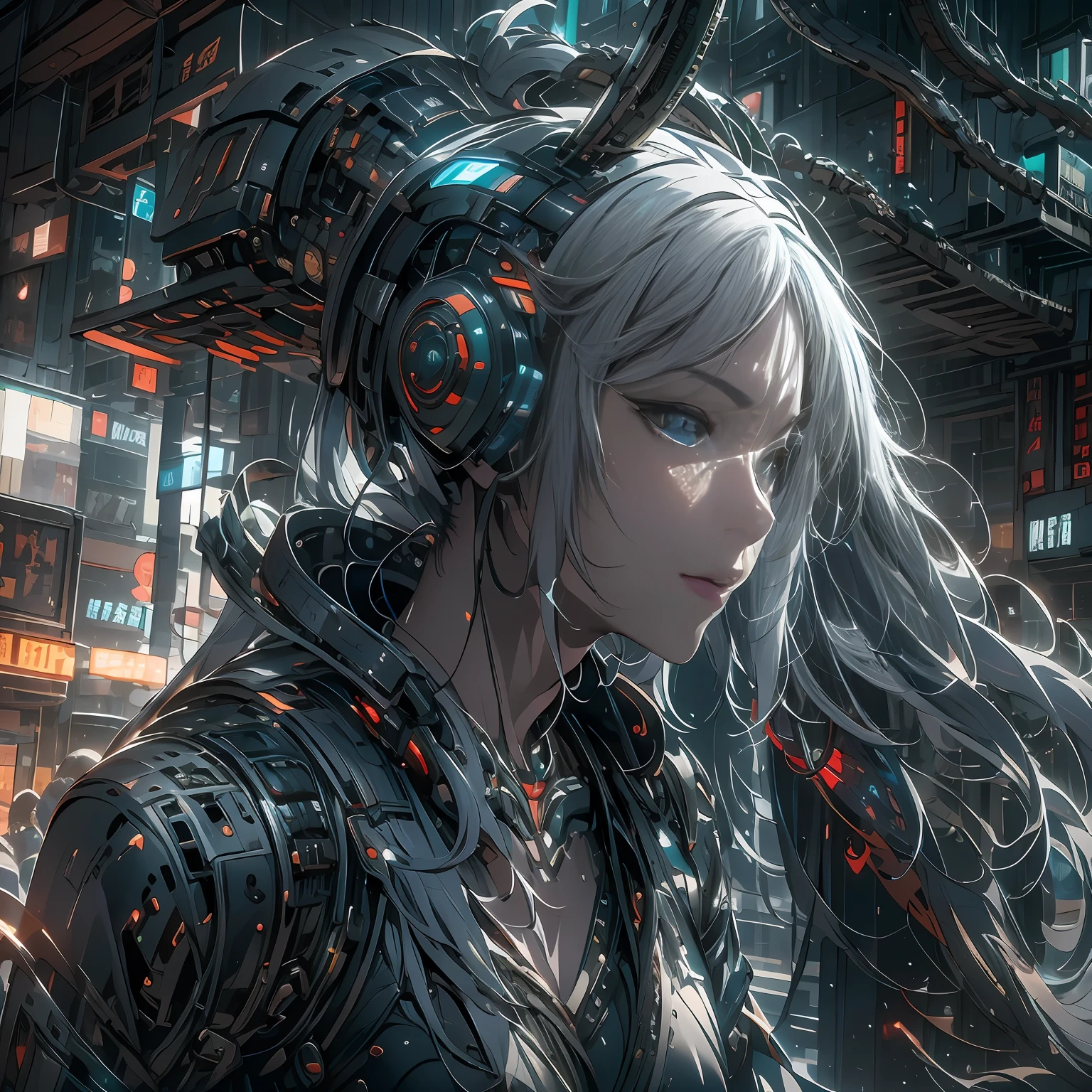 （（A futuristic））， （（mito））， （（fanciful）），Machinary，1girll， Cyberpunk urban environment， gray-haired girl，Avant-garde clothing， （Surrounded by mechanical Asian dragons：1.5）， Mechanical dragon，（neonlight：1.2）， （cybernetically enhanced：1.1）， （Fine dragon scales：1.1）， （action-packed scene：1.2）， （cinematic compositions：1.1）， Mixed media artwork， 8K分辨率，best qualtiy，lightand shade contrast，Unreal 5，