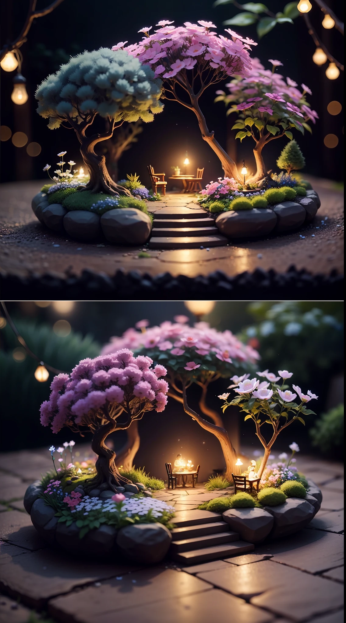 A miniature scene of a magical garden, with delicate flowers and softly lit branches, illuminated by a happy and smiling miniature. --auto