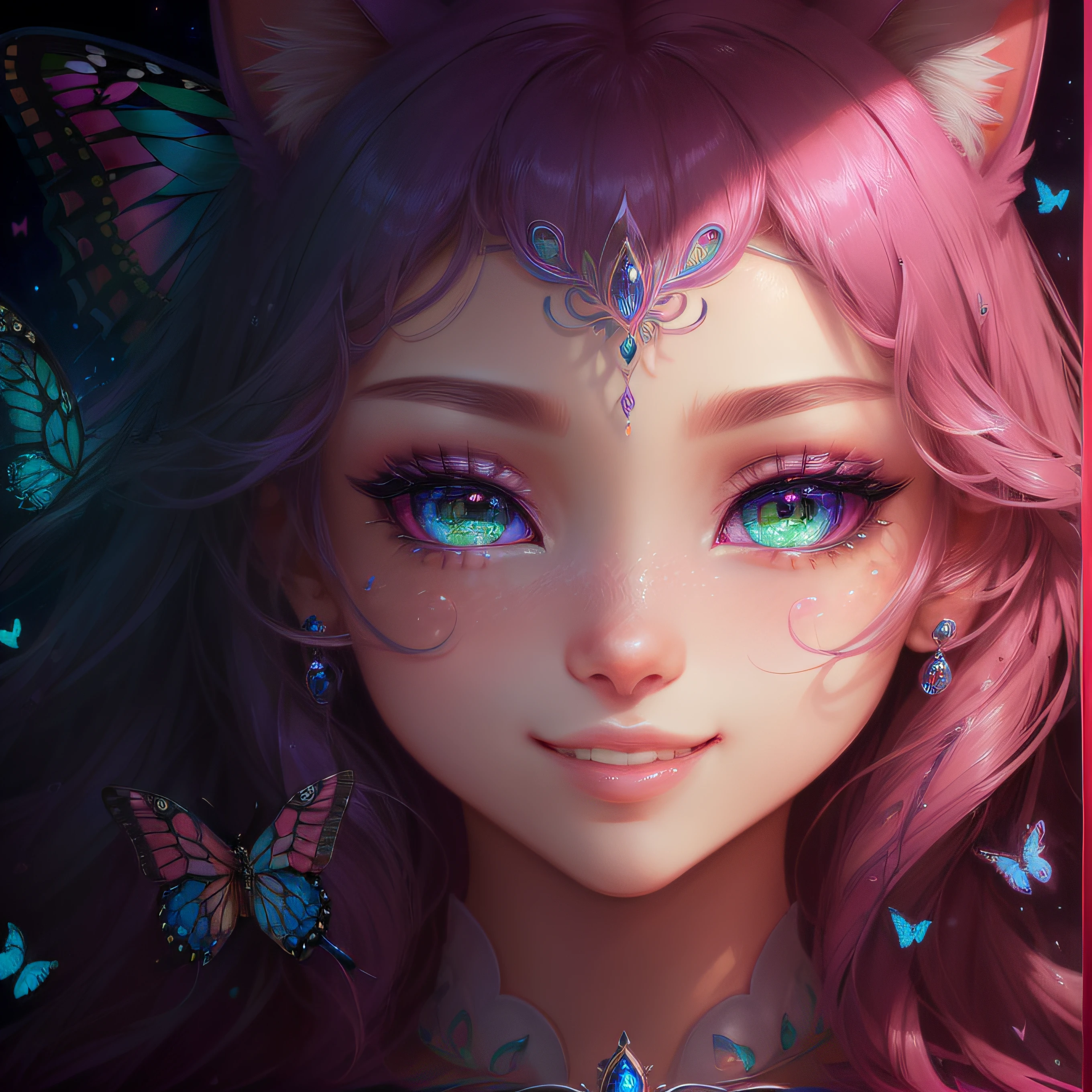 cackle、(eyes with a clear large round outline,,,、Sapphire green eyes,、Glowing eyes、Eye Gloss)(Smile with the corners of your mouth raised、Open lips、teeth are slightly visible、Pink lips、lipgloss)close-up of the smile face、grin、dreamlikeart、Highly detailed airbrush art、intricate detailes、Volumetric lighting、top-quality、The ultra-detailliert、The composition of the movement、Highly detailed colorful details、Irridescent color、Bright lighting、dream-like、Magical、dynamic compositions、The mirror reflects light、Shallow depth of field、ultra-detailliert、mixing exposure、Super masterpiece、vivd colour、colourfull、One woman's face、I have a cute cat、Anthropomorphic representation、Rich colors、exquisitedetails、(butterflys,Exquisite butterflies,Ultra CG), (High resolution:1.5)、Colorful、Enchanting sunsets、Dynamic and breathtaking scenes、