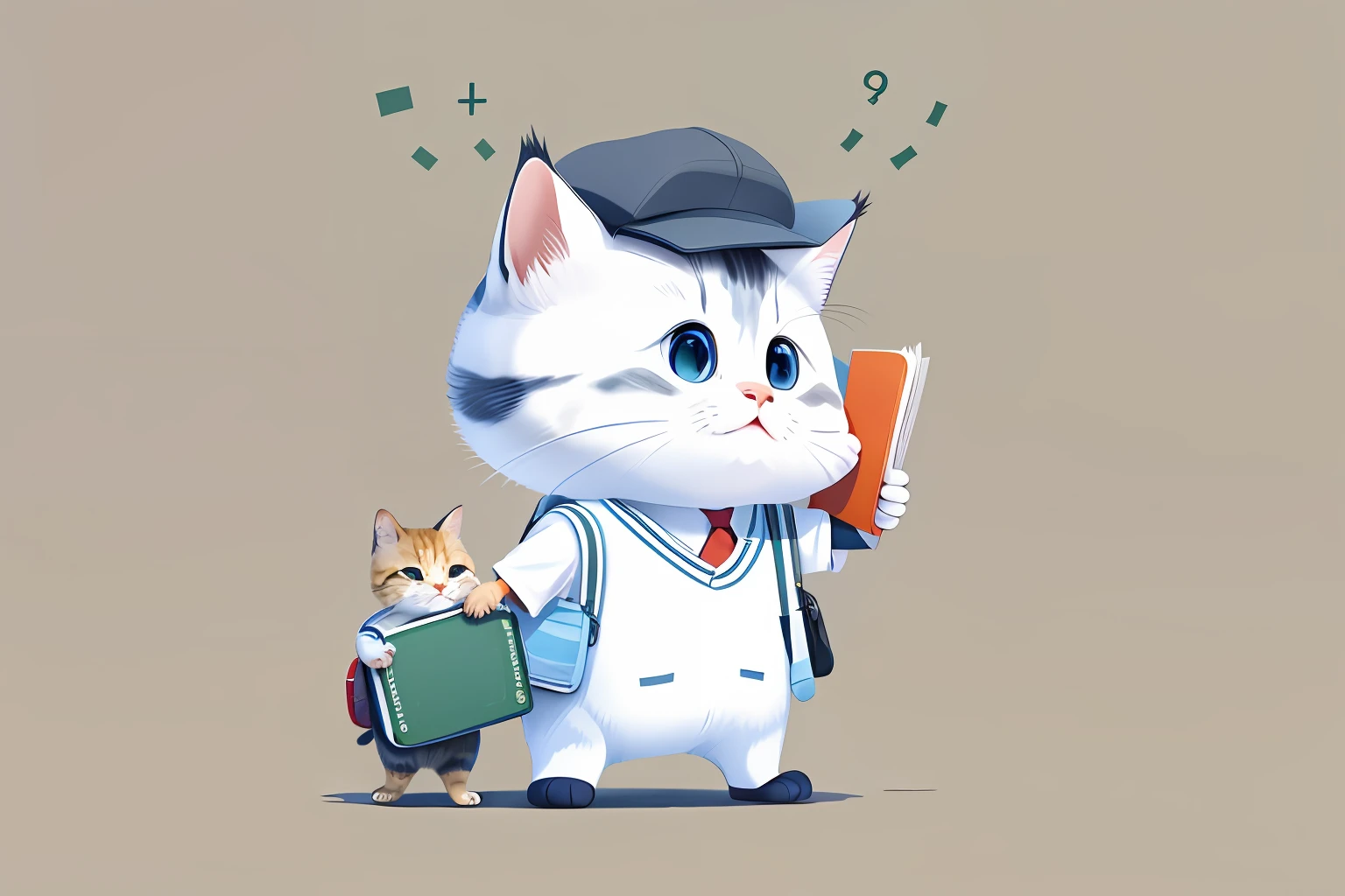 cartoony,scribbles,com mascot。Cute kitten teacher teaching in the classroom,Holding a math textbook in his left hand,Point your right hand at the blackboard,Kitten teacher carrying a small bag across the body,She teaches as a volunteer,wearing a red gilet,Write the math equations on the board