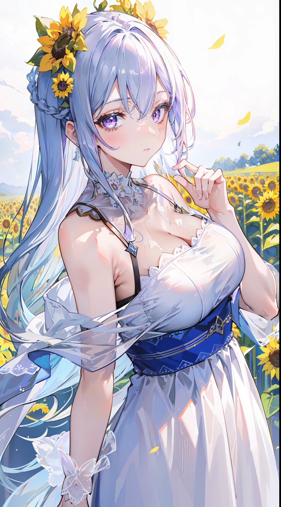 "Epic sunflower garden daylight atmosphere, stunning 4k artwork showcasing an elegant girl with her lavender hair flowing. Her light-pink eyes pierce through the scene as she gracefully dons a white Saintess cloak in the midst of the vast sunflower garden. She have blue flowers in her head"