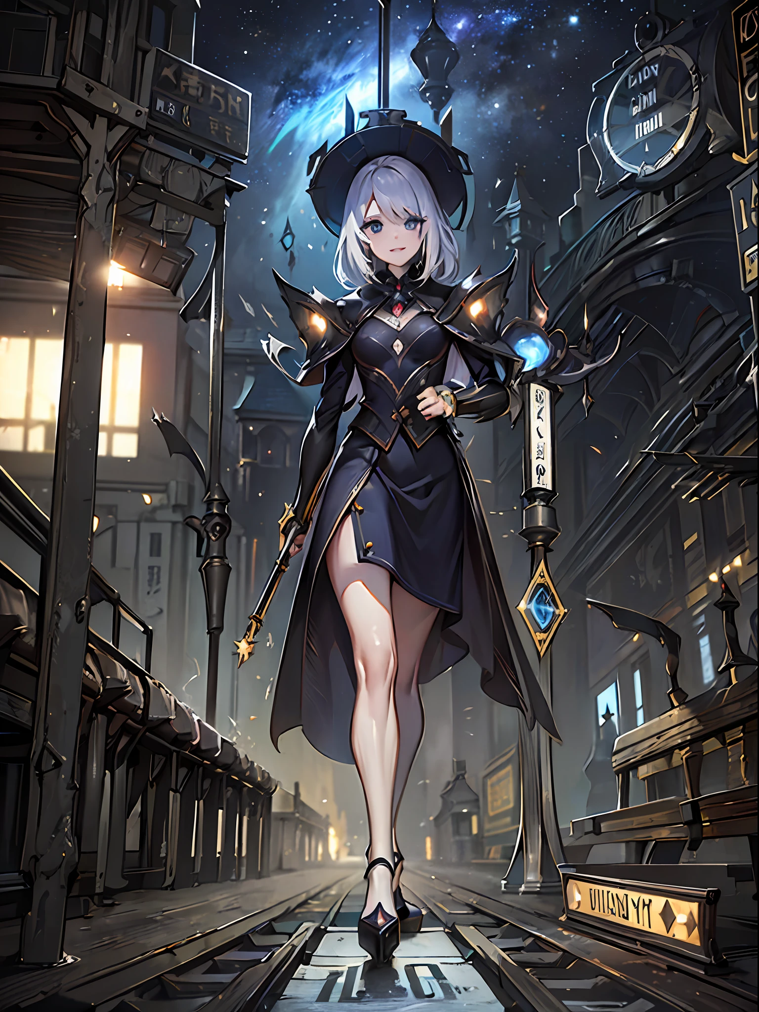 ((8K、masterpiece、top-quality))、Landscape painting、Otherworld、((Unmanned stations))、train track、(((Station name sign)))、creepy atmosphera、divine atmosphere、femele、Odango Hair、Women's Suits、high-heels、starrysky、milkyway、star trails、7 colors of fog、Detailed drawing、Precision drawings