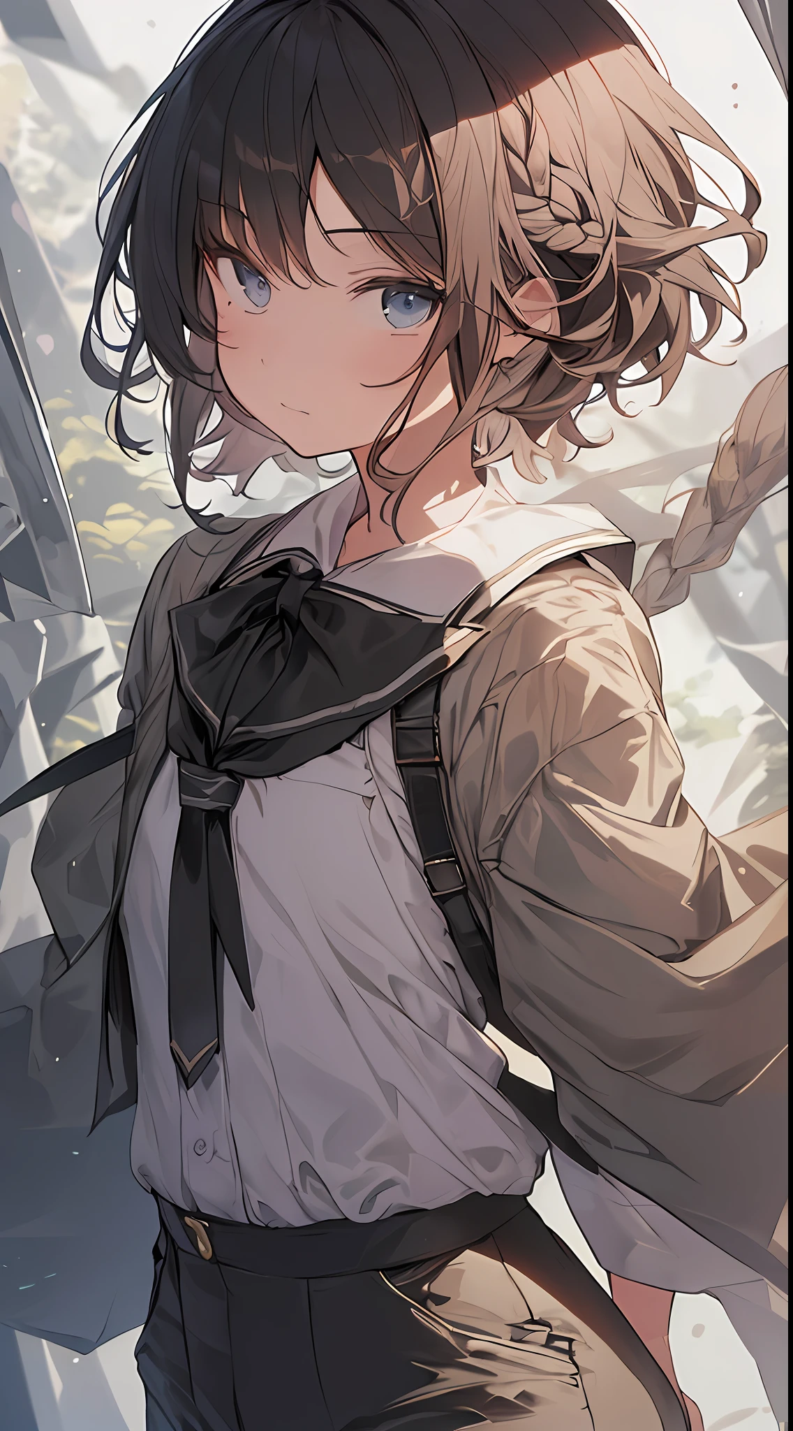 high high quality，tmasterpiece，Delicate facial features，Delicate hair，Delicate eyes，teens girl，schoolgirls，Short khaki hair，With a braid，Curly hair，shorter pants，short- sleeved，Manteau，vivaciousness，Wearing sleeves，Design clothes，8K high quality detailed art（Delicate facial portrayal）（Fine hair portrayal）（highest  quality）（Master masterpieces）（High degree of completion）（a sense of atmosphere）8k wallpaper，tmasterpiece，Best quality at best，ultra - detailed