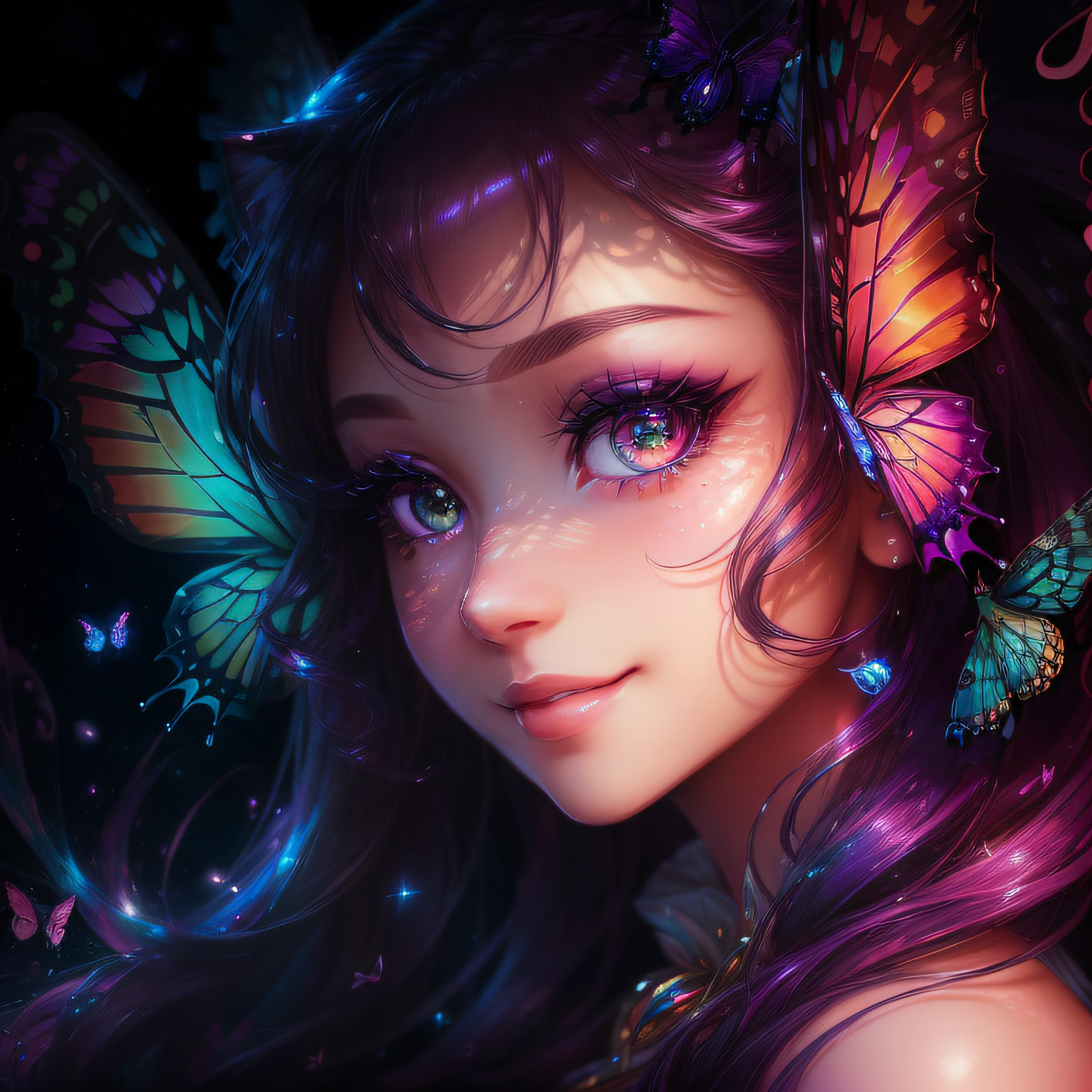 (eyes with a clear large round outline,,、Sapphire green eyes,、Glowing eyes、Eye Gloss）（Raise the corners of your mouth and smile、Open lips、teeth are slightly visible、Pink lips、lipgloss）close-up of the smile face、grin、dreamlikeart、Highly detailed airbrush art、intricate detailes、Volumetric lighting、top-quality、The ultra-detailliert、The composition of the movement、Highly detailed colorful details、Irridescent color、Bright lighting、dream-like、Magical、dynamic compositions、The mirror reflects light、Shallow depth of field、ultra-detailliert、mixing  exposure、Super masterpiece、vivd colour、colourfull、One woman's face、I have a cute cat、Anthropomorphic representation、Rich colors、exquisitedetails、(butterflys,Exquisite butterflies,Ultra CG), (High resolution:1.5)、Colorful、Enchanting sunsets、Dynamic and breathtaking scenes、