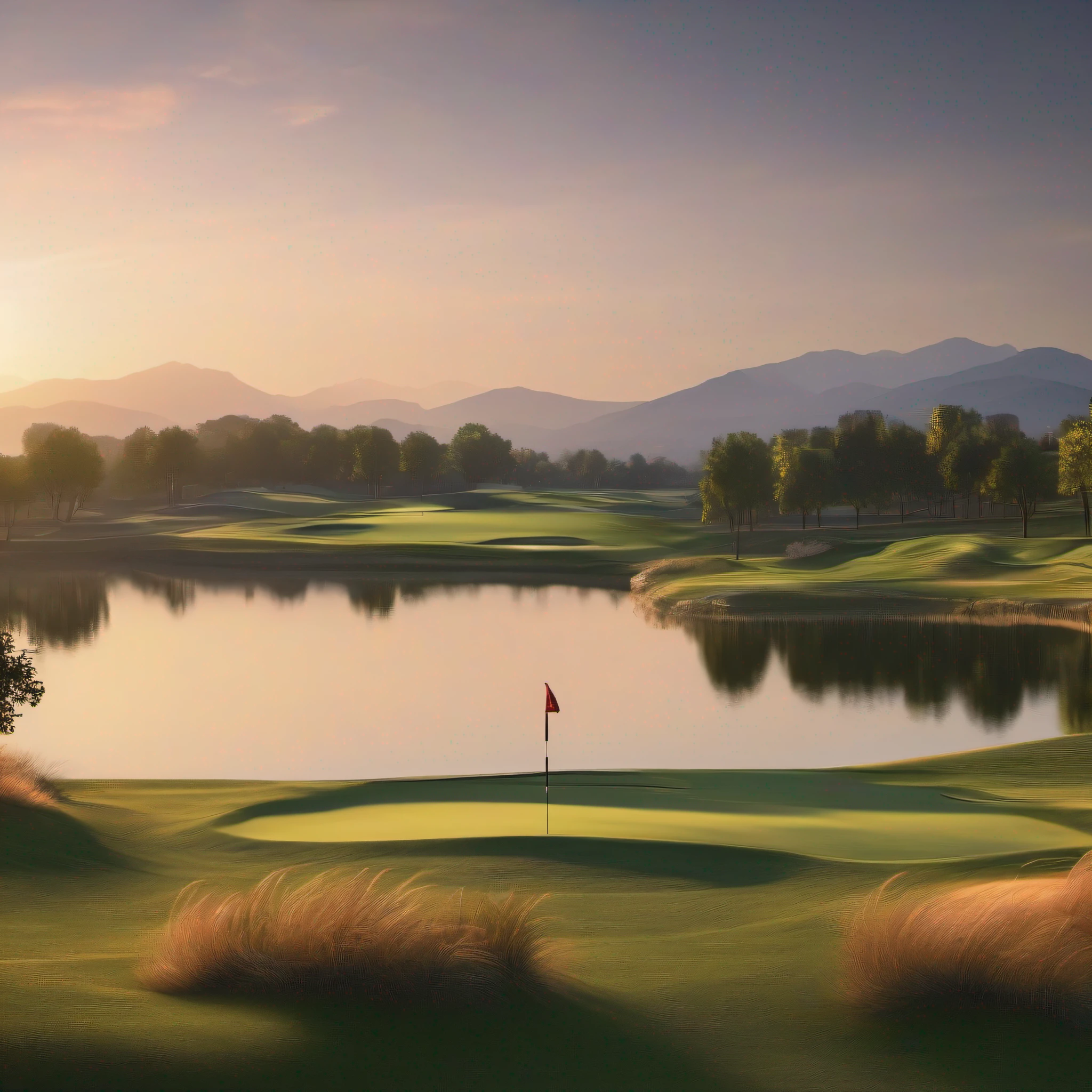 Golf grounds，lakes，sunraise，aestheticly pleasing，peacful，scenic view。realisticlying，8K  UHD，Studio quality，Ultra photo realsisim，max detail，massive scale，post-proces，realisticlying，photographrealistic，Photoshop，photography of，A detailed，cinmatic lighting，scenecy，in a panoramic view，scenecy，Ray traching，cinema4d