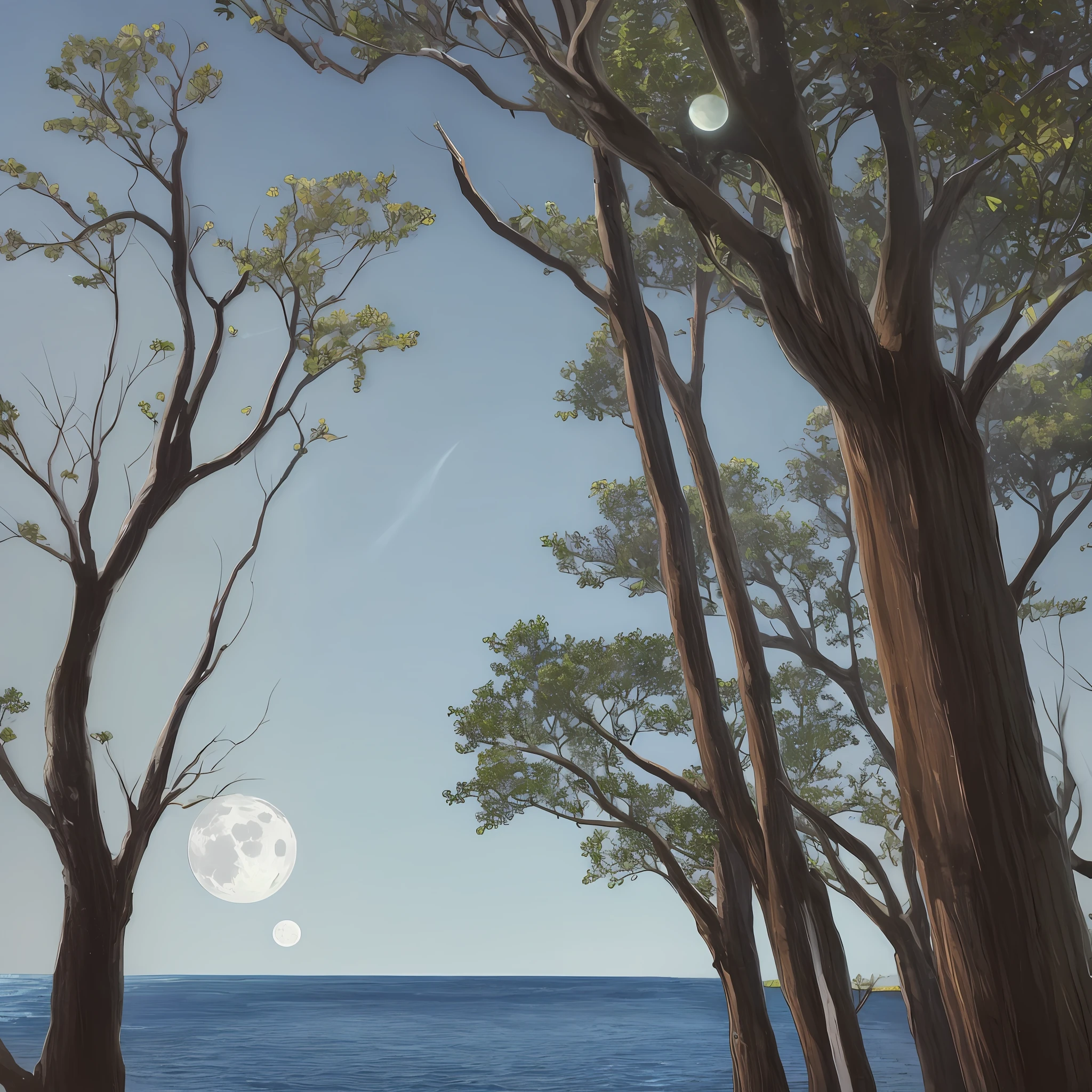 The moon at sea trees grow on the island