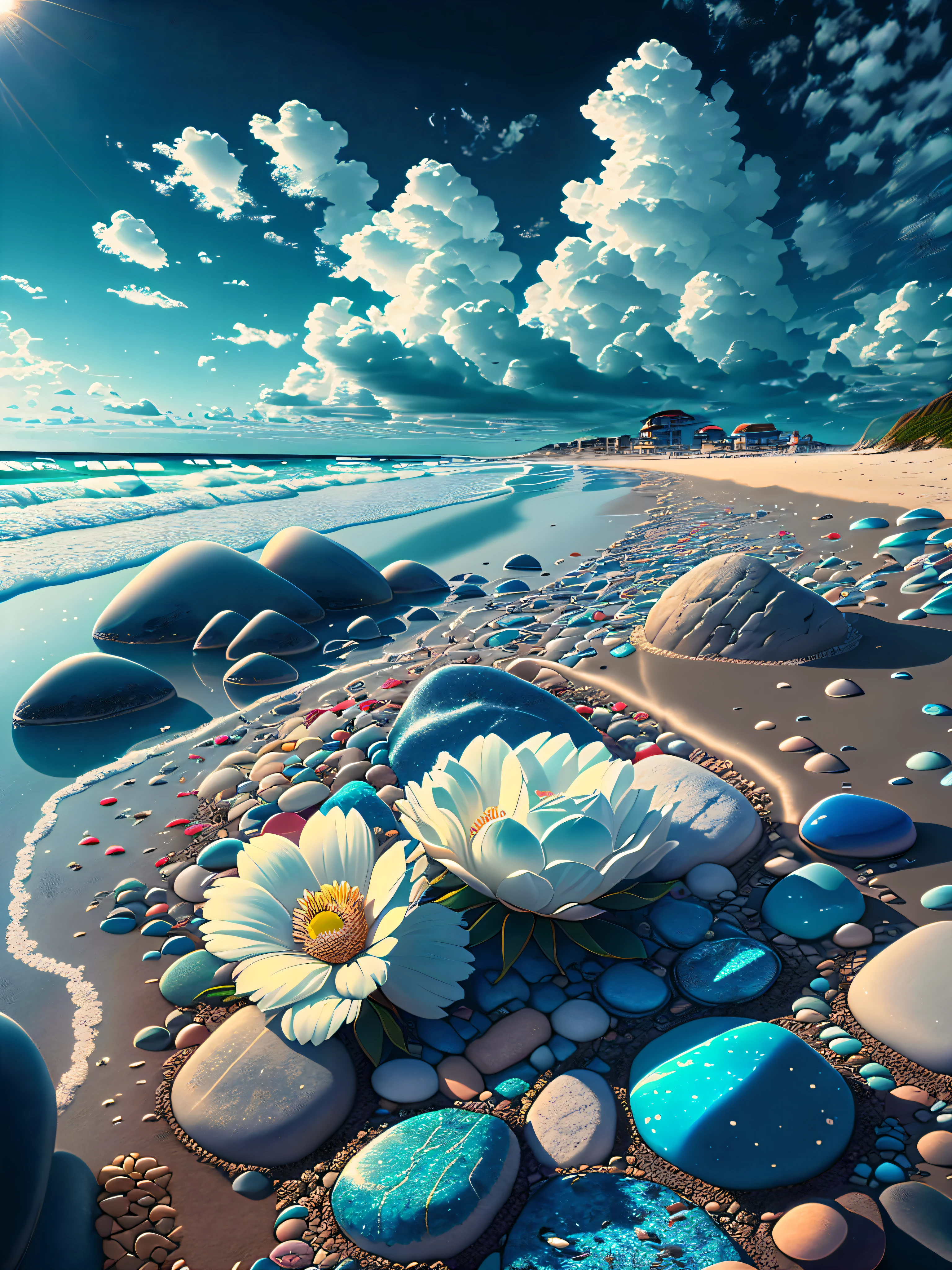 Exquisite scenes，depth of fields，8K，Blue sky，White clouds，The sun shines on the beach，There are many small colorful stones on the beach，Rose flower，