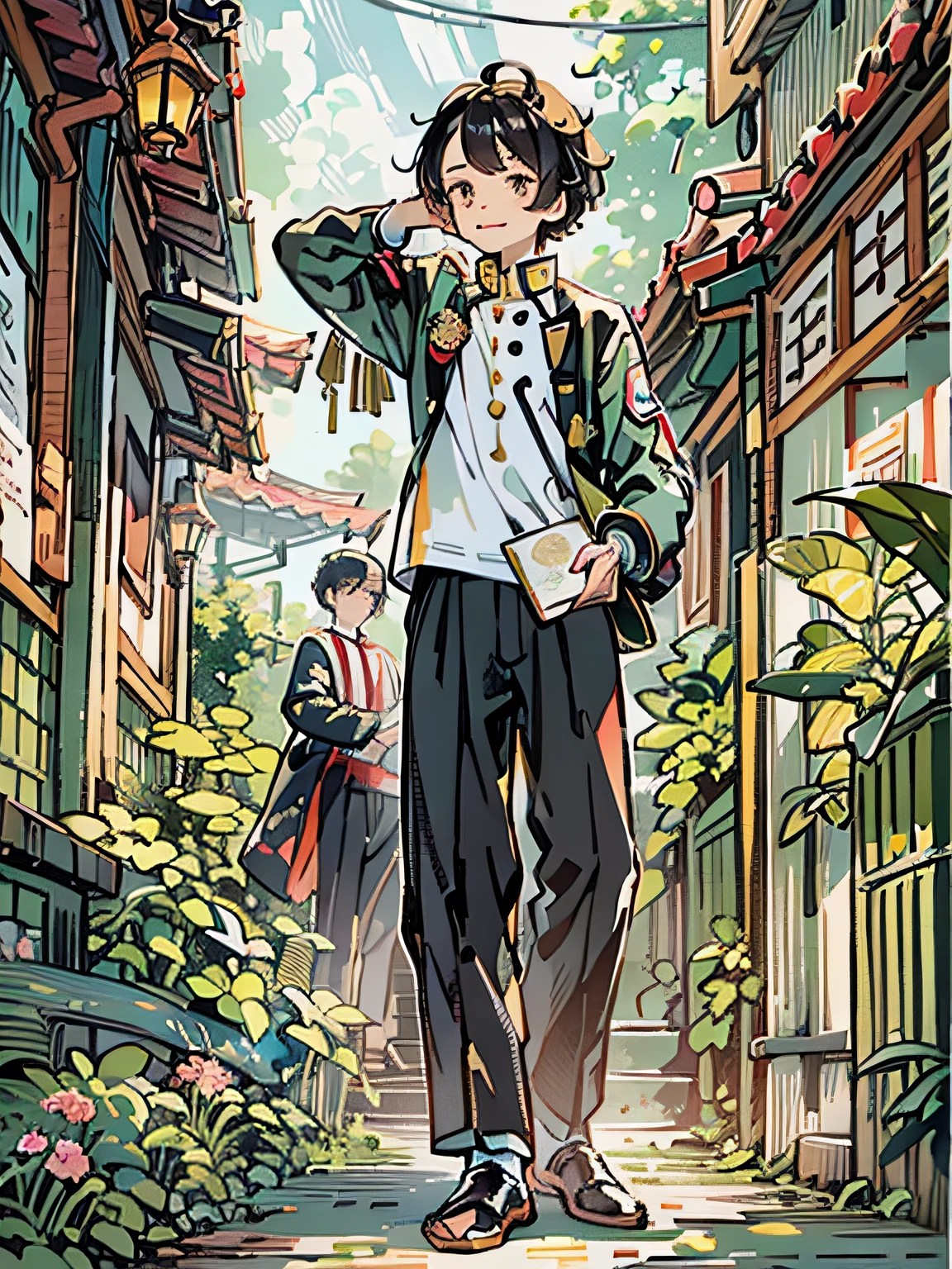 composition seen from below、view from below、one screen、sigle screen、Propose a very attractive design、独奏、one boy、Sideways、modern、Boy in pants、Modern Japan Male Student、Boy in school uniform、All black uniforms、14-year-old boy、Boy with short hair、Katsushika Hokusai-kaze、Natural color design、Bold and beautiful plant design、Bamboo motifs、Long stretched bamboo design、Bamboo forest background、Detailed diagram of the pattern、With the highest quality、Masterpiece、hight resolution、Artistic style、Postcard Design、Balanced design、Attractive composition、Emotional Art、Beautiful light production、Aerial perspective、japanese aesthetic、4K resolution、Gorgeous background art、Attributes of boys（a smile、Hanging eyes、student clothes、long trousers、slacks、gakuran、tight collar、Black School Uniform、Black stuffed collar jacket、Jacket with golden buttons、school uniform、military uniform、male people、Little Boy、Bullish personality、Dignified、Strong-willed eyes、Beautiful Boys、nobility、A dark-haired、straight haired、short-hair、Natural hairstyle、Honor Students、Good impression）