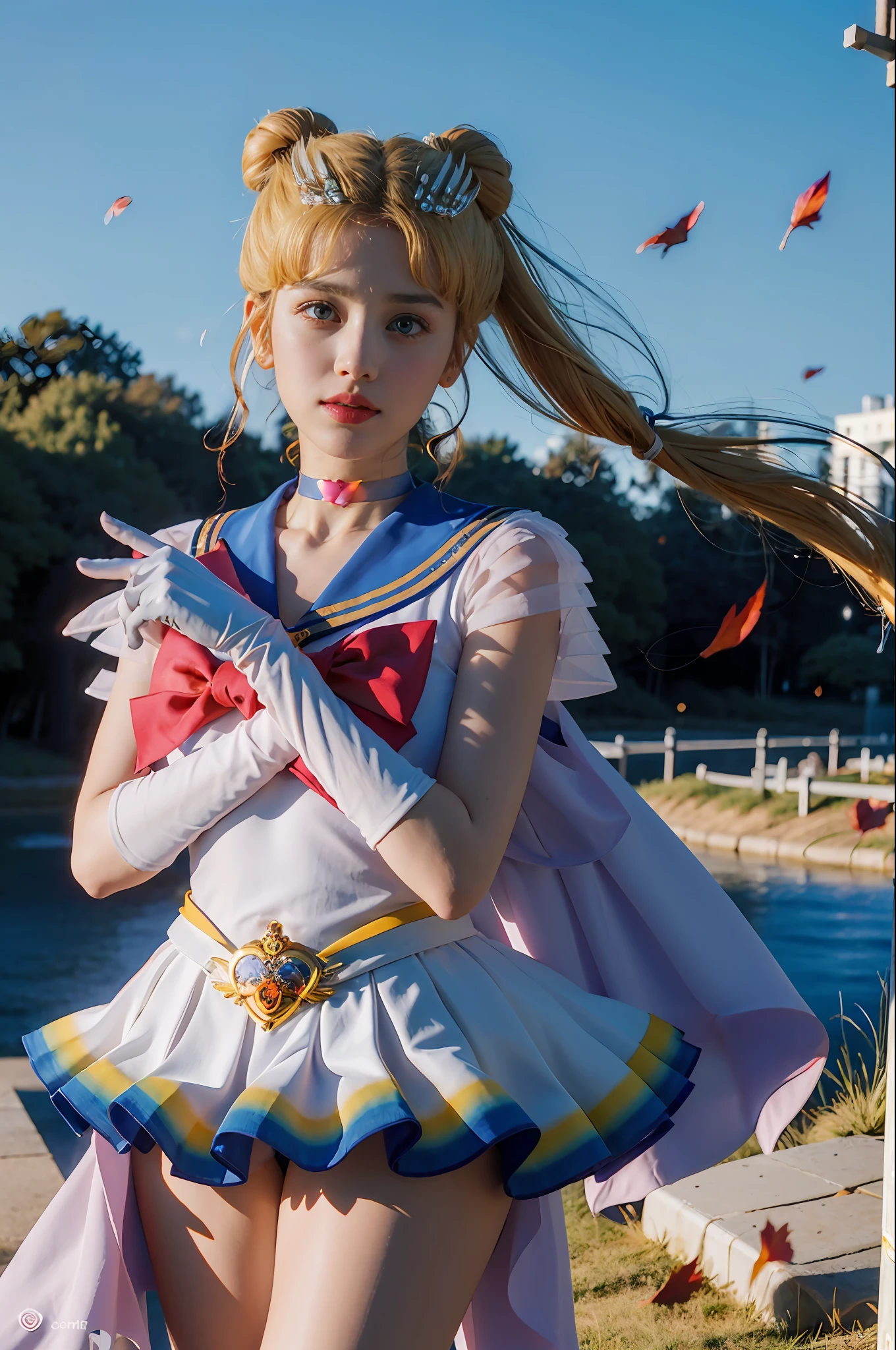 (8k, RAW photo, best quality, masterpiece:1.2), (ultra highres:1.0), detailed illustration, detailed, (realistic, photo-realistic:1.37), detailed beautiful skin, sailor moon, (1 girl: 1.2),(full body:1.2),(hand of Guido Daniele:1.2), slim body, cute, happy, long hair, long leg, cleavage,blue skirt,red bow,blue eyes,blond hair,twin tails,hair bun,hair ornament,blue sailor collar, red choker, red boots, high heels, sailor senshi uniform, white gloves,tiara,elbow gloves,pleated skirt,knee boots blue sky, beautiful sky, (scenery), lake, falling petals, falling leaves, cowboy shot,