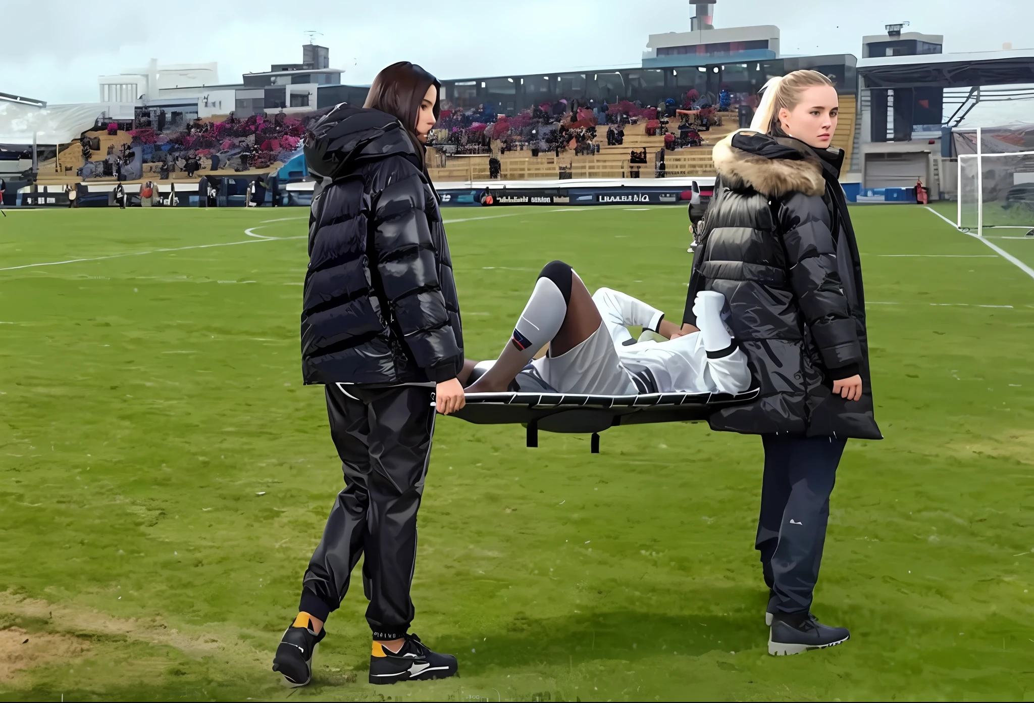 There is a man lying on a stretcher with his hands crossed over his face, a man in a t-shirt and sports shorts has crossed his hands over his face, the man has an agonised face under his hands, two longhaired and ponytailed women that are wearing very shiny coats, there are longhaired women wearing laquered puffy coats, longhaired women are walking in wetlook puffy coats, several women walking around a football field with an injured athlete on a stretcher, the injured athlete on the stretcher covers his face with both hands, the women look very worried, behind the women there is a frightening atmosphere, there is heavy rainfall in the background, video still, behind the scenes, Malika Favre, screenshot, footage, 4 0 9 6, cover photo, aesthetic shot, dramatic mood, intense scene, Making of, Mongezi Ncaphayi, Thriller atmosphere, Filming, Edited