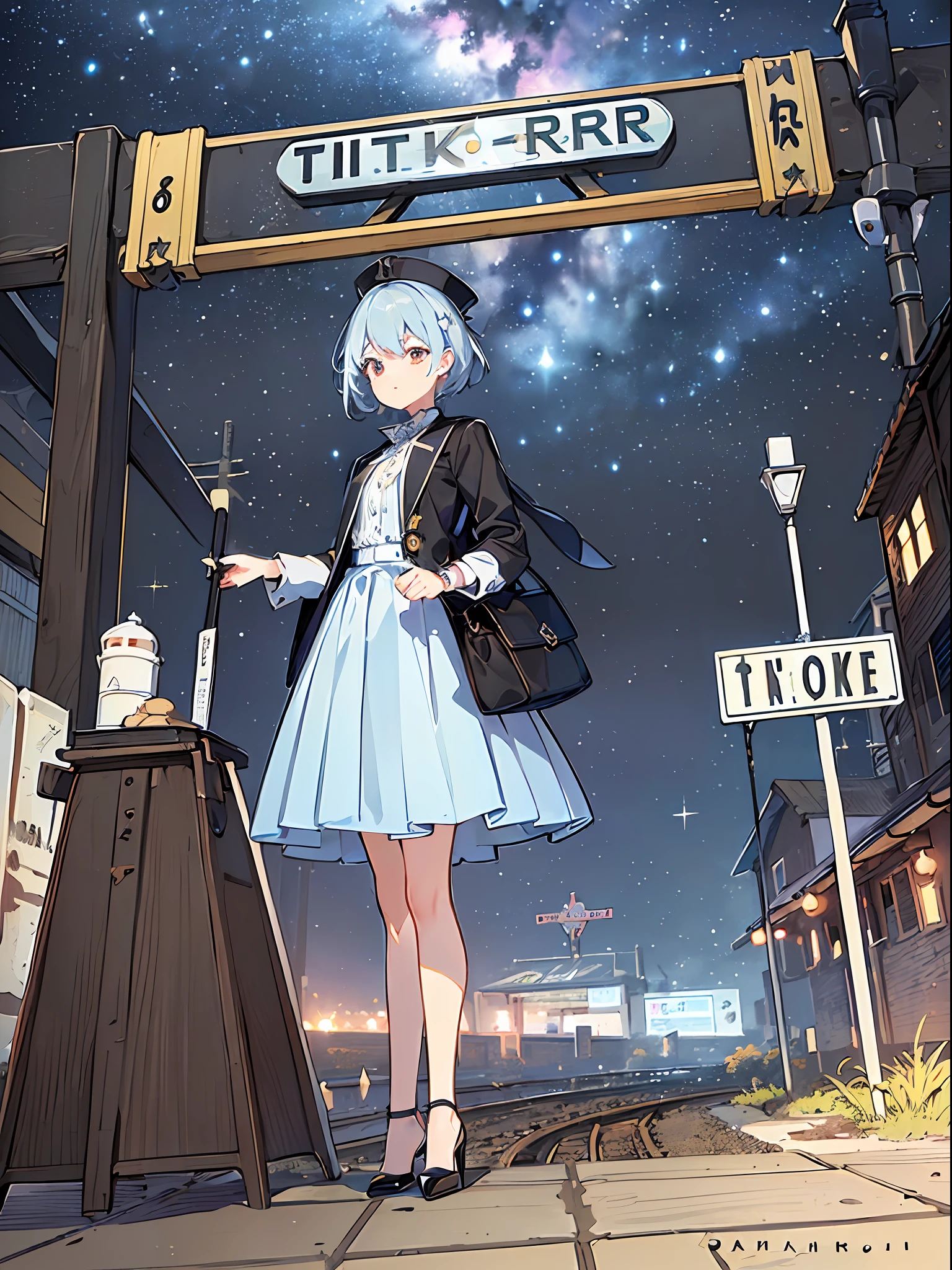 ((8K、​masterpiece、top-quality))、Landscape painting、Otherworld、((Unmanned stations))、train track、(((Station name sign)))、creepy atmosphera、divine atmosphere、femele、Odango Hair、Women's Suits、high-heels、starrysky、milkyway、star trails、7 colors of fog、Detailed drawing、Precision drawings