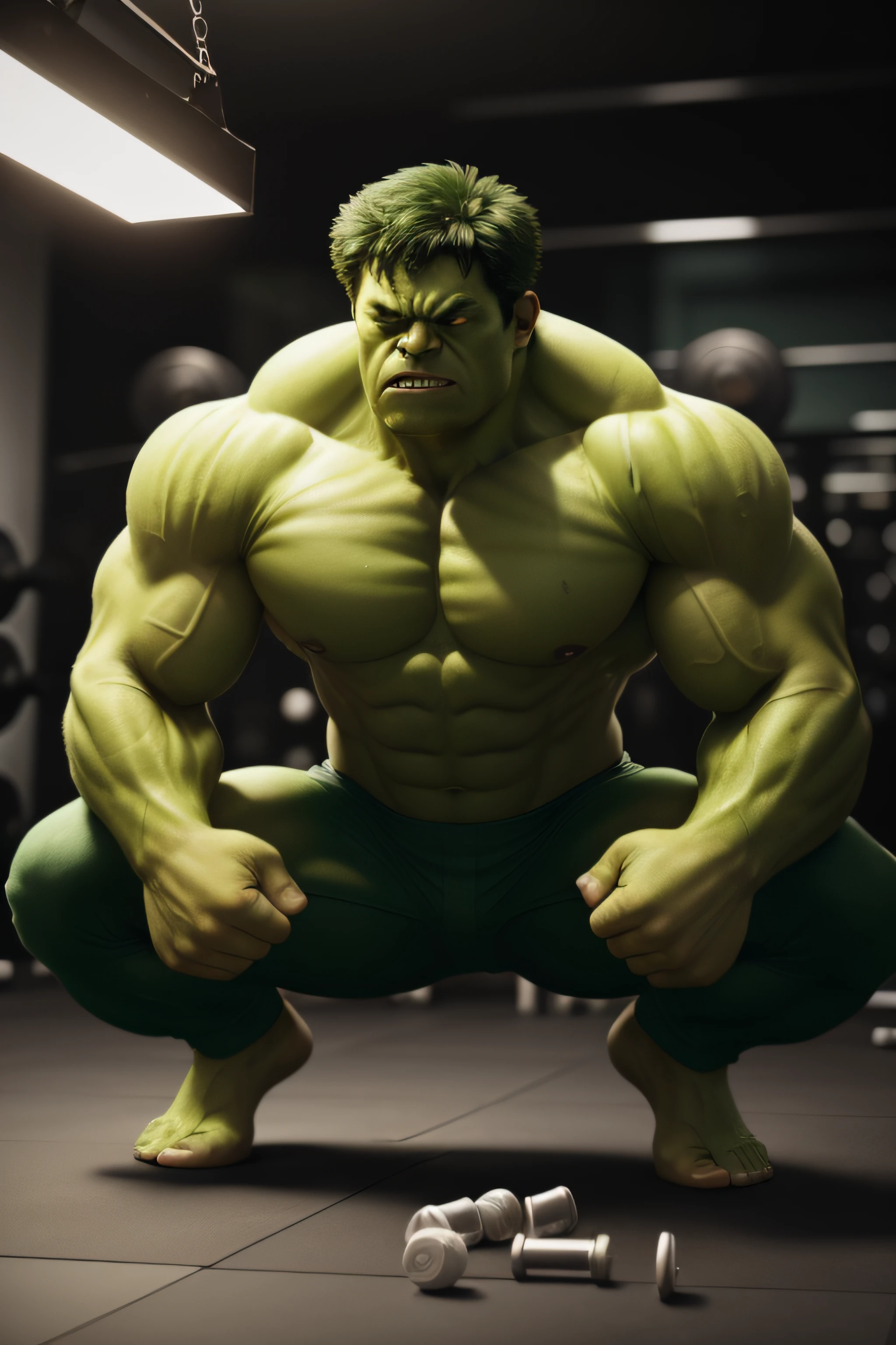 ((The Incredible Green Hulk 2008 film)), ((Green body)). ((lifting weights)), Superhero, Weightlifting Gym, Bodybuilding Gym, Daytime, Weighing Machines, Dramatic Lighting, Intricate Details, Masterpiece, Best Quality, Realistic, Very High Quality, (Soft Diffuse Light), Dramatic Lighting, highly detailed photo, Symmetrical, Unreal 5, hyperrealistic, dynamic lighting, Fantasy Art, pills on the floor, syringe on the floor, whey protein packaging