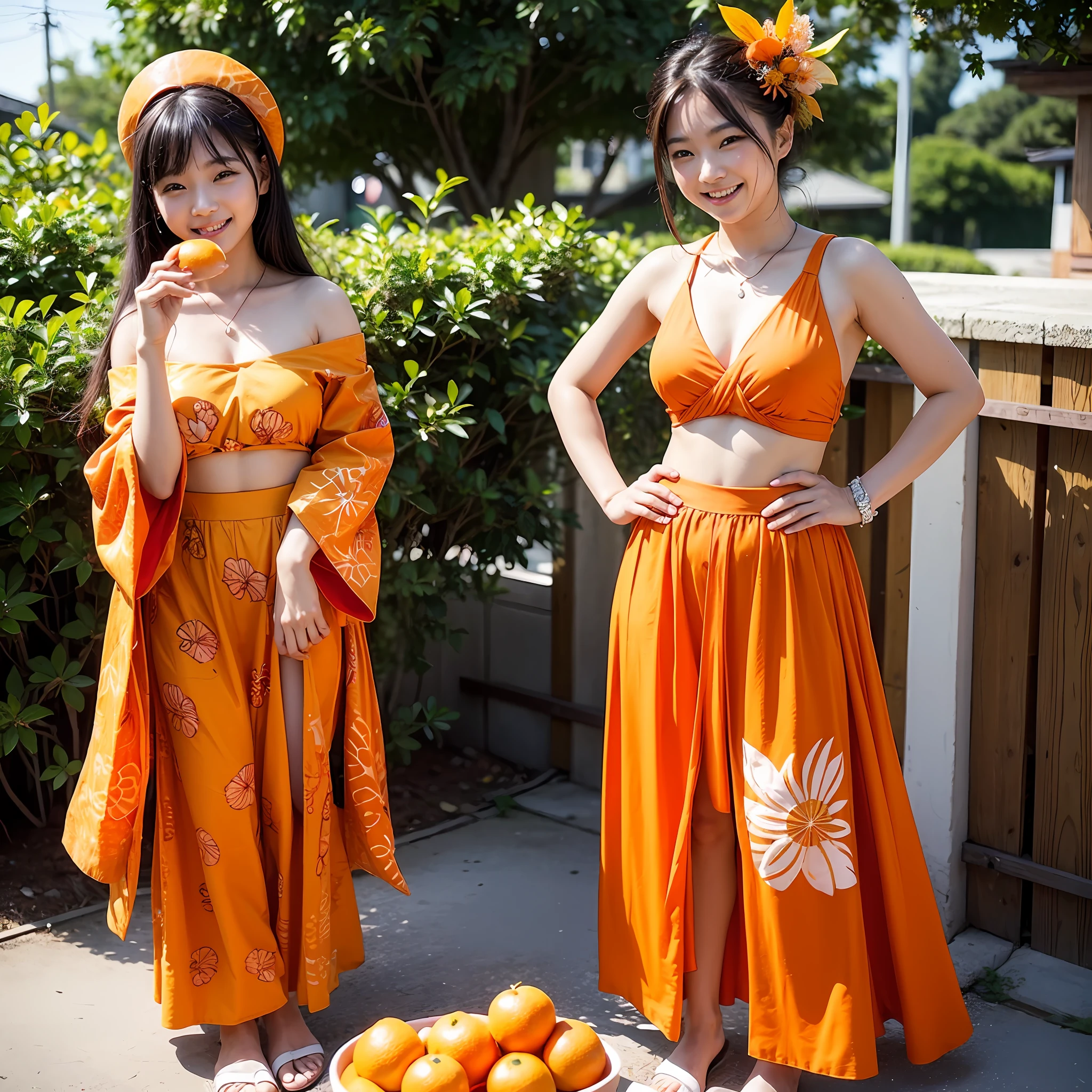 masterpiece、top-quality、realisitic、Photorealsitic、Orange-themed paradise、Teenage Japan woman in cute costume with orange motif、Orange Accessories、Eating oranges、Surrounded by lots of orange slices、Orange plantation、Bright décor、A smile、Joy、dynamic ungle、动态照明