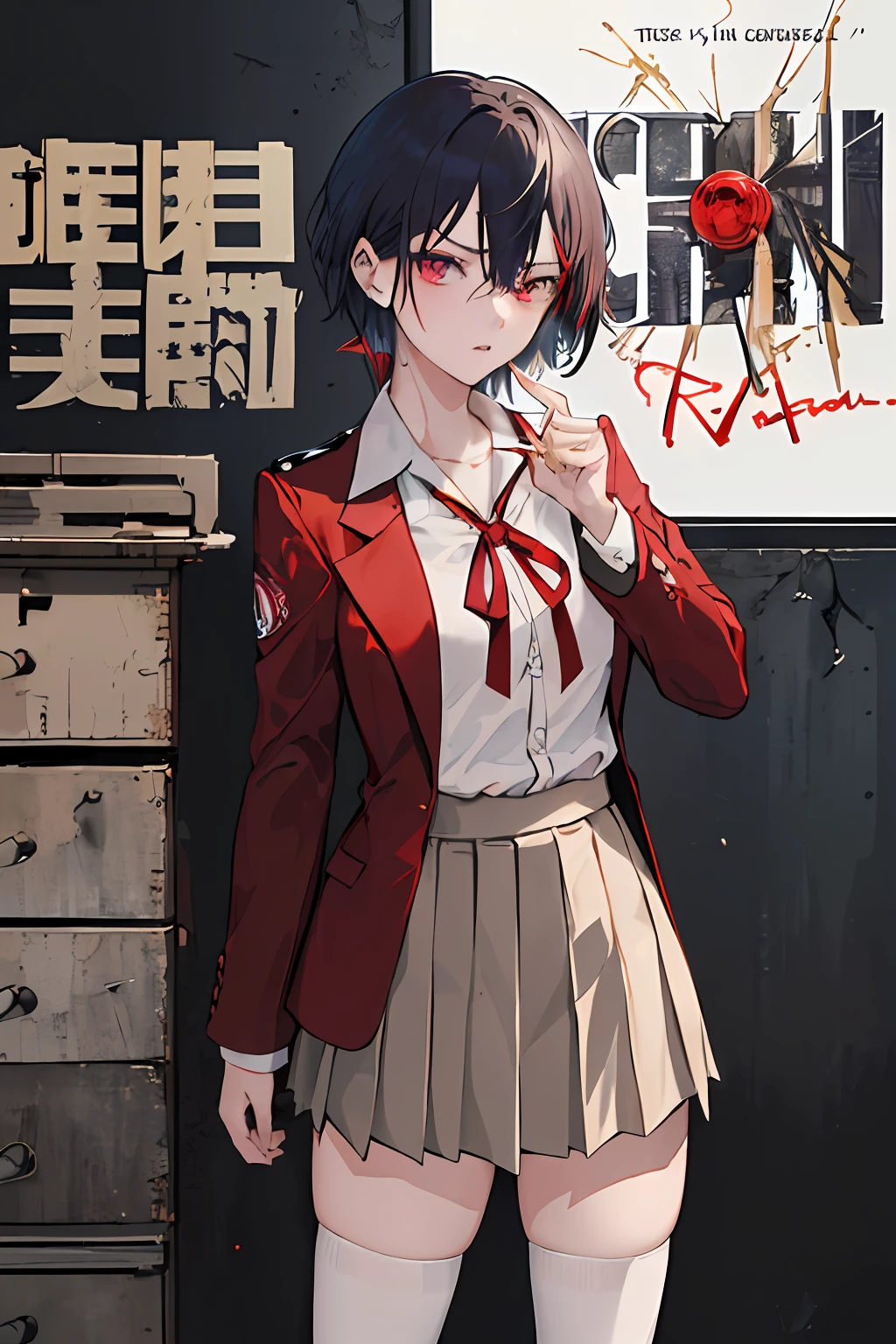 ((((dramatic))), (((gritty))), (((intense))) film poster featuring a young woman as the central character. She is a student,wearing the school formal attire consisting of a blouse paired with an unbuttoned crimson blazer with a blue ribbon, a short-length white sailor striped pleated skirt, and black thigh-highs. Short beige-colored hair, crimson eyes, detailed eyes, Kikyō Kushida, ((masterpiece)), (high-quality)