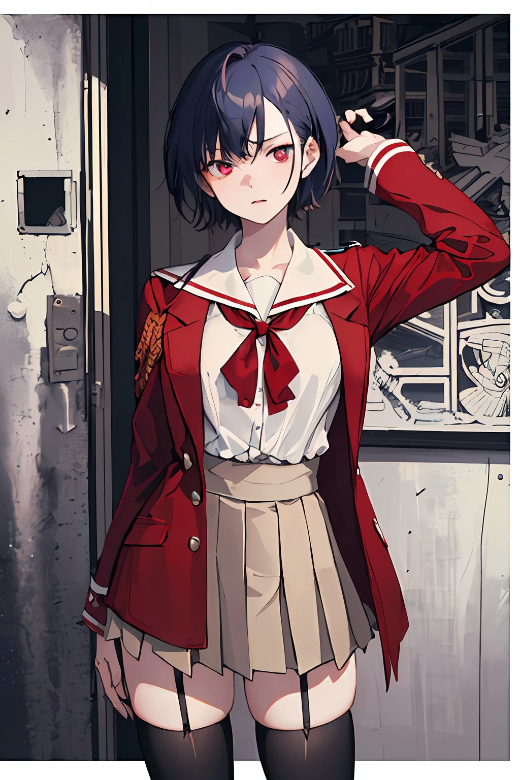 ((((dramatic))), (((gritty))), (((intense))) film poster featuring a young woman as the central character. She is a student,wearing the school formal attire consisting of a blouse paired with an unbuttoned crimson blazer with a blue ribbon, a short-length white sailor striped pleated skirt, and black thigh-highs. Short beige-colored hair, crimson eyes, detailed eyes, Kikyō Kushida, ((masterpiece)), (high-quality)