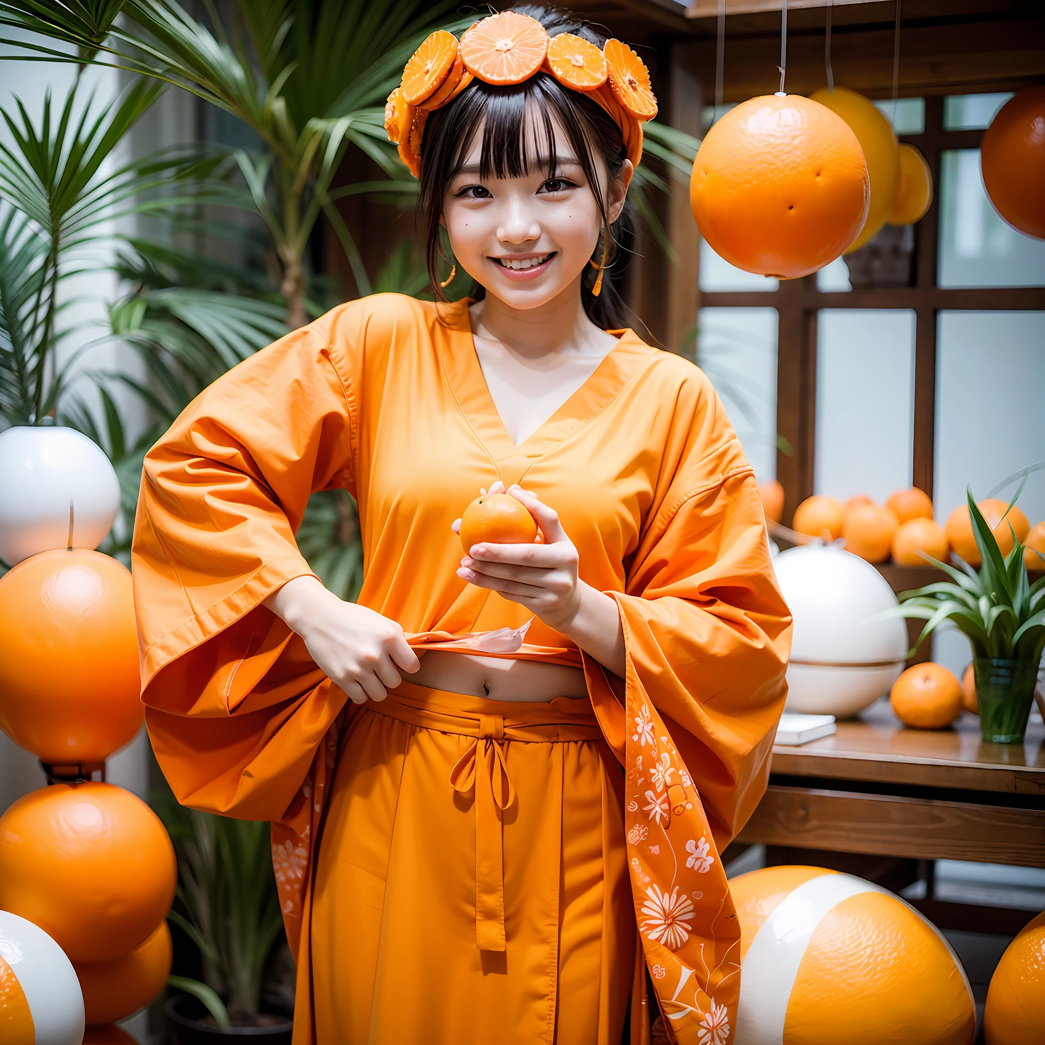 masterpiece、top-quality、realisitic、Photorealsitic、Orange-themed paradise、age Japan woman in cute costume with orange motif、Orange Accessories、Eating oranges、Surrounded by lots of orange slices、Orange plantation、Bright décor、A smile、Joy、dynamic ungle、动态照明