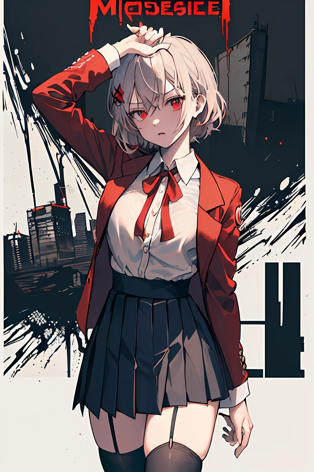 ((((dramatic))), (((gritty))), (((intense))) film poster featuring a young woman as the central character. She is a student,wearing the school formal attire consisting of a blouse paired with an unbuttoned crimson blazer with a blue ribbon, a short-length white sailor striped pleated skirt, and black thigh-highs. Short beige-colored hair, crimson eyes, detailed eyes, Kikyō Kushida, ((masterpiece)), (high-quality)
