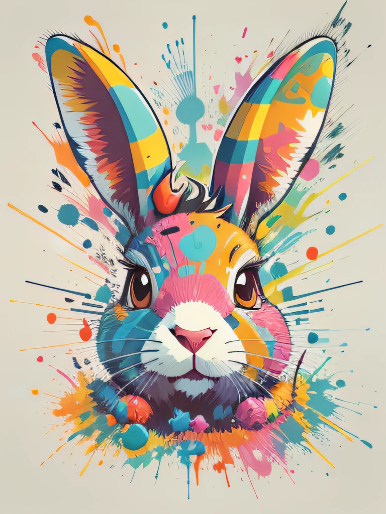 vector art, Colorful graffiti illustration, Easter Bunny, in the center, Bright colors, paint splashes and blots, high detail, whitebackground
