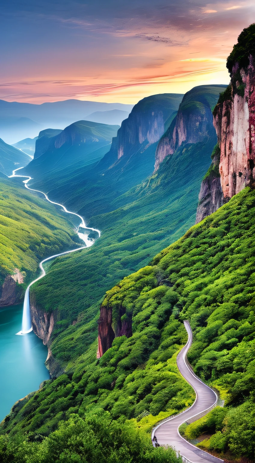 Masterpiece, ultimate quality, Cg unity 8k wallpaper, super delicate, beautiful sky and clouds, rich natural scenery, cliffs, lakes and rivers, waterfalls and flying water, beautiful green mountains, no trace of people, excellent scenery, has already won a photo contest, background Blurring, full depth of field, HDR high dynamics, true restoration, intricate, extreme details, dramatic presentation, perfectly presenting the style of midjourney art.
