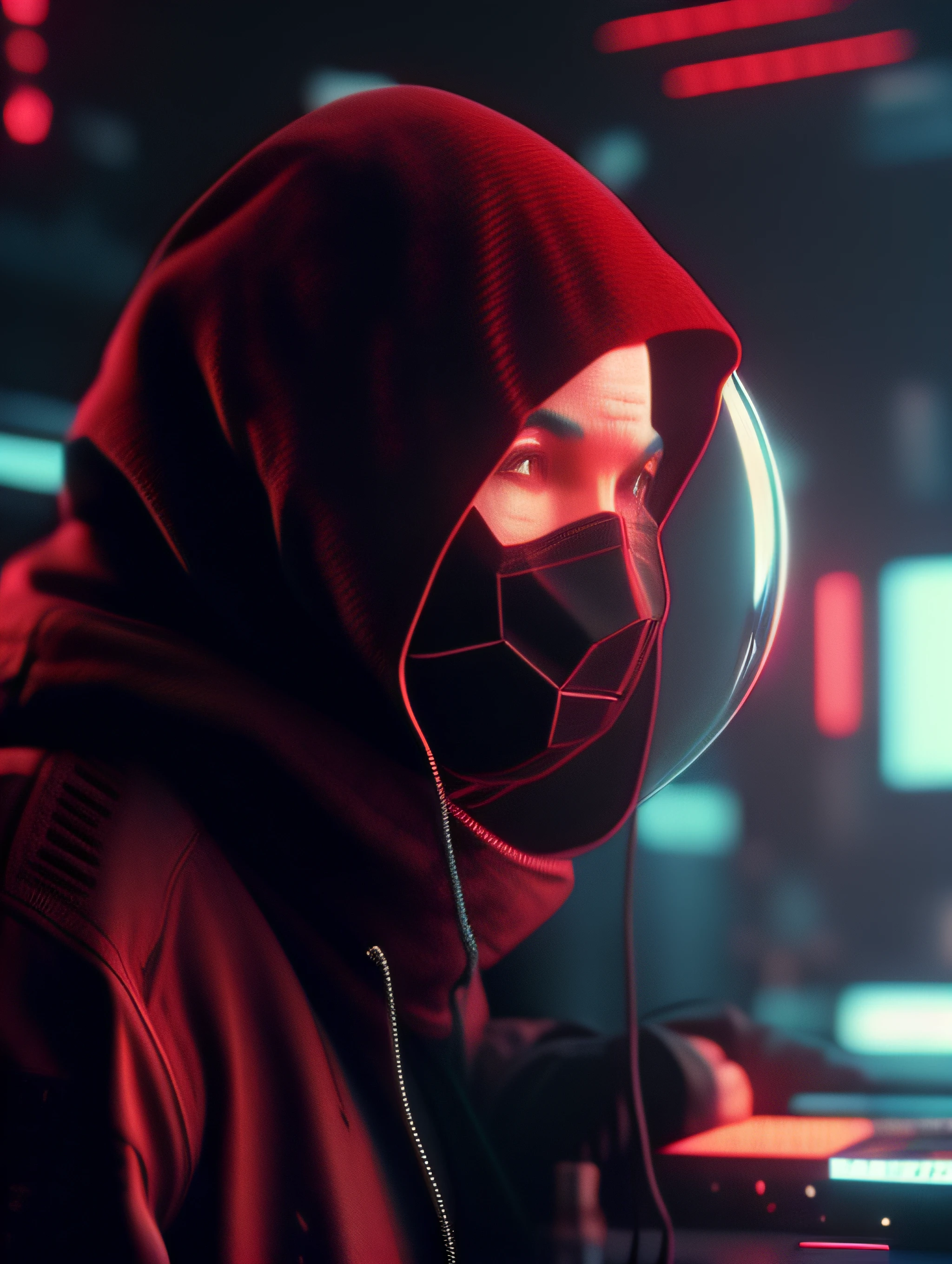 NeonNinja style, a close up of a person wearing a red hood there is a large ball in the middle of a room, a close up of an electronic device on a table