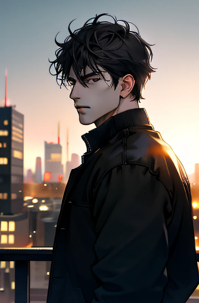 1man,masterpiece,best quality, ultra high res, dusk,cityscape,depth of field, short black messy hair, solo male
