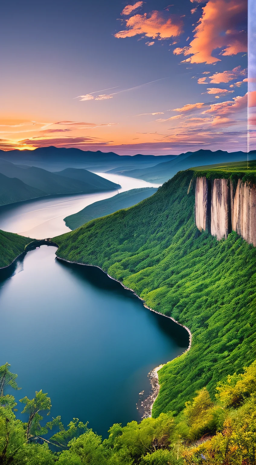 Masterpiece, ultimate quality, Cg unity 8k wallpaper, super delicate, beautiful sky and clouds, rich natural scenery, cliffs, lakes and rivers, waterfalls and flying water, beautiful green mountains, no trace of people, excellent scenery, has already won a photo contest, background Blurring, full depth of field, HDR high dynamics, true restoration, intricate, extreme details, dramatic presentation, perfectly presenting the style of midjourney art.