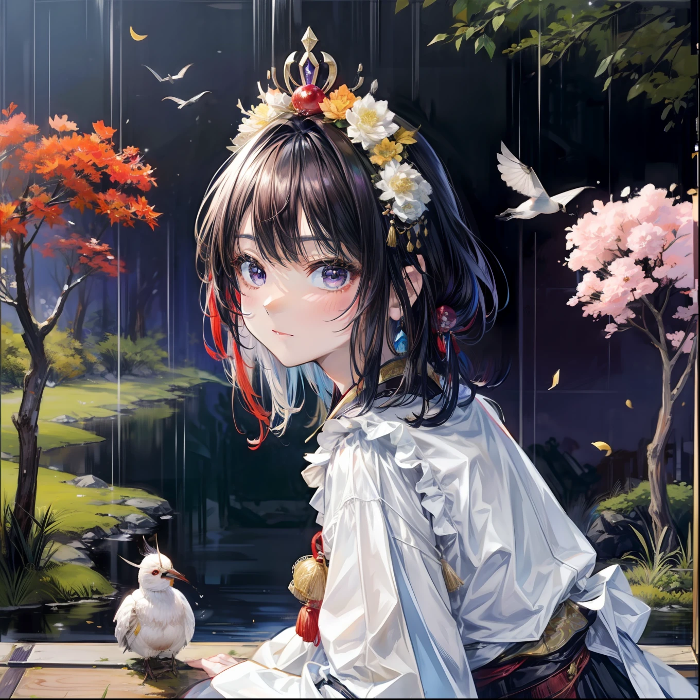 The subject is a young woman in 8K resolution。Her hairstyle is a short cut of black hair with bright blue and purple inner colors.、The mowed part is blue、The top part is purple。His face has a clear shape and almond-shaped eyes are dark brown.、His eyes are meticulously drawn.。Her skin has a yellowish tinge characteristic of Japan people.、Healthy, natural luster。Her expression was quiet,、The gaze does not hide the love for the origami crane。

Her attire is、In a modern style black kimono、It expresses a style that blends the traditions of the good old Japan with the sophistication of the new world.。The kimono is a bright red、blanche、Yellow floral patterns are scattered throughout.、Among them are cherry and chrysanthemums、Flowers peculiar to Japan such as camellias are depicted。The obi of the kimono is golden.、The glittering golden obi enhances the black and floral colors of the kimono。

Her pose is in a relaxed posture、In her right hand she holds a red origami crane.、Looking kindly at the crane。At first glance, the origami crane looks like a mere paper crane.、If you look closely, you can see a fine pattern drawn on the surface of the paper.、In addition, the crane itself is realistically drawn down to the smallest detail.。

The background is a traditional garden of Japan lined with mossy rocks and maple trees with autumn leaves。In the center of the garden there is a pond where Nishikigoi float.、A small waterfall flows from the pond、It is depicted as if the sound of water can be heard.。pure、Some elements of the garden make you feel the seasons、For example, a snow willow tree and a camellia tree with dropped leaves are depicted.。

The building is an old Japan castle that can be seen at the back of the garden.、The castle is located across a vermilion bridge.、Under the bridge is a garden pond。The castle is from the Edo period.、The contrast between the white of the walls and the black of the roof。

The overall tone is orange and deep green at dusk、As a result, the overall atm