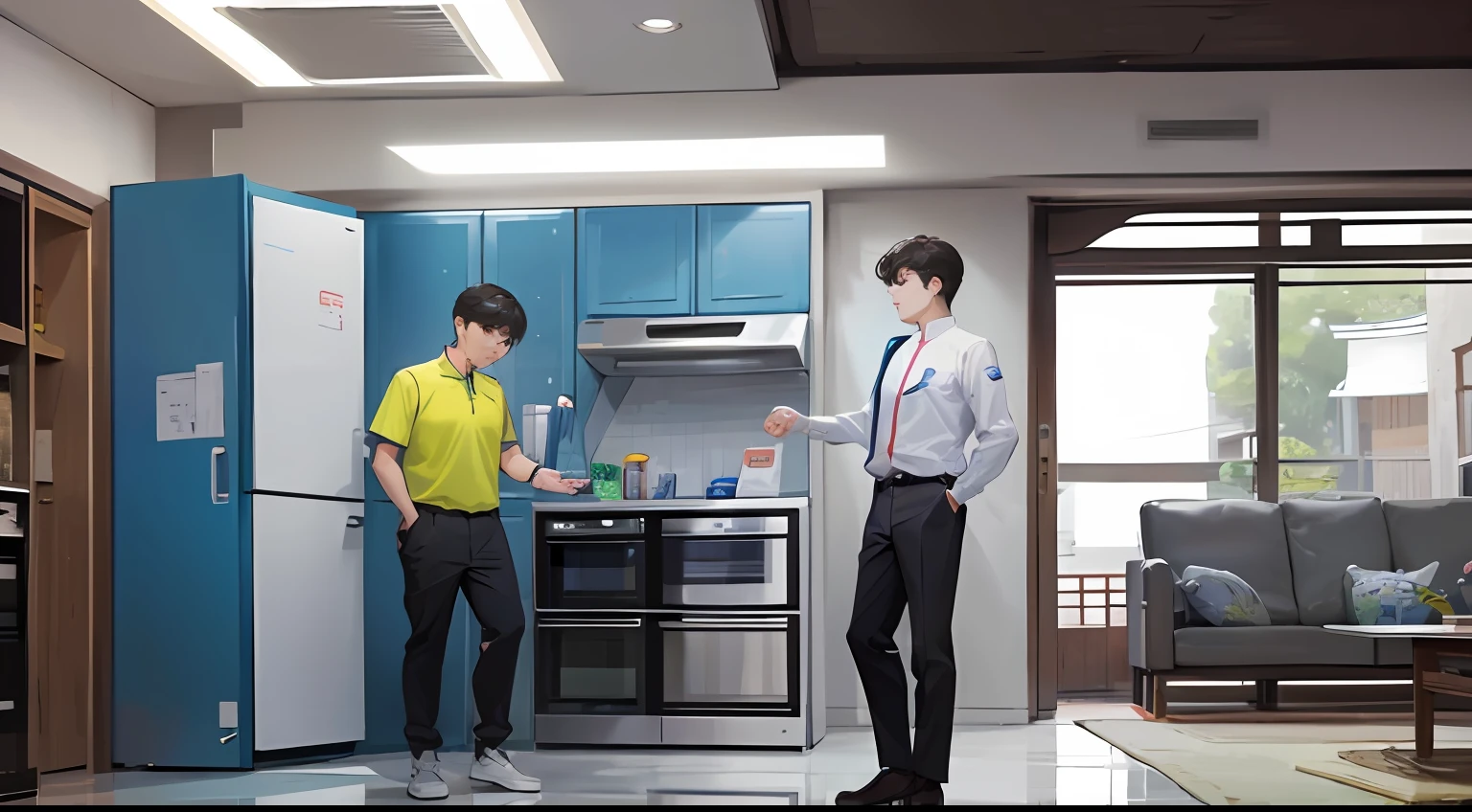 人物:
Chen Jianghai(male people)
Zhang Xiaorui(male people)- Chairman of Haier Electric
scenario:
Lao Hu's refrigerator repair area:Chen Jianghai inspected the Haier refrigerator next to the sofa。