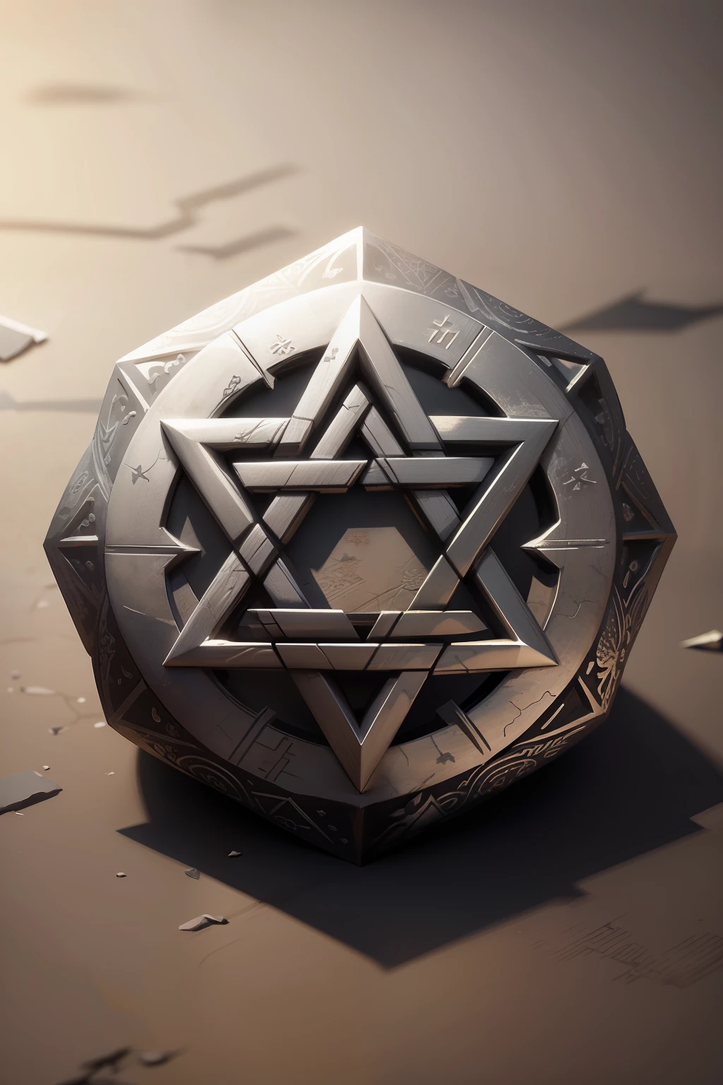 make a silver hexagram, very detailed shadows, faded background, ancient temple scenery.