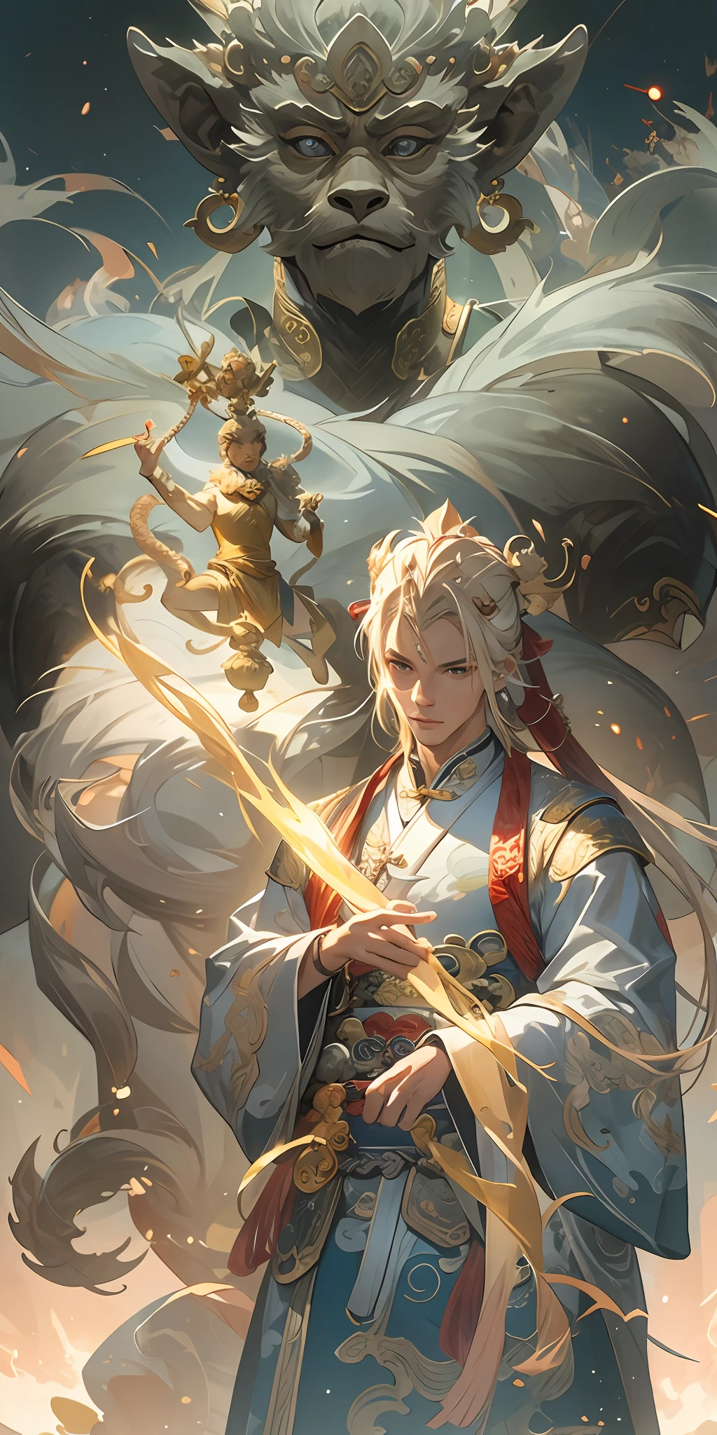 (masterpiece:1.2),best quality,zhongfenghua,realistic,
solo,a character standing in front of blonde,glowing monkey,transparent,
monkey king:1.5,