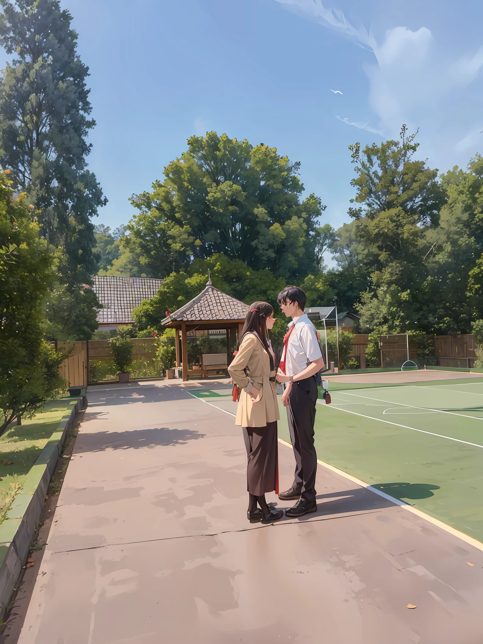 there are two people standing on a tennis court Looking at each other, wpol and sarasti, private moment, student, wearing headmistress uniform, protrait, couple, kuntilanak, in the background, in background, arsitektur nusantara, smooth in _ the background, shot with iphone 1 0, at day, during dawn, scout boy