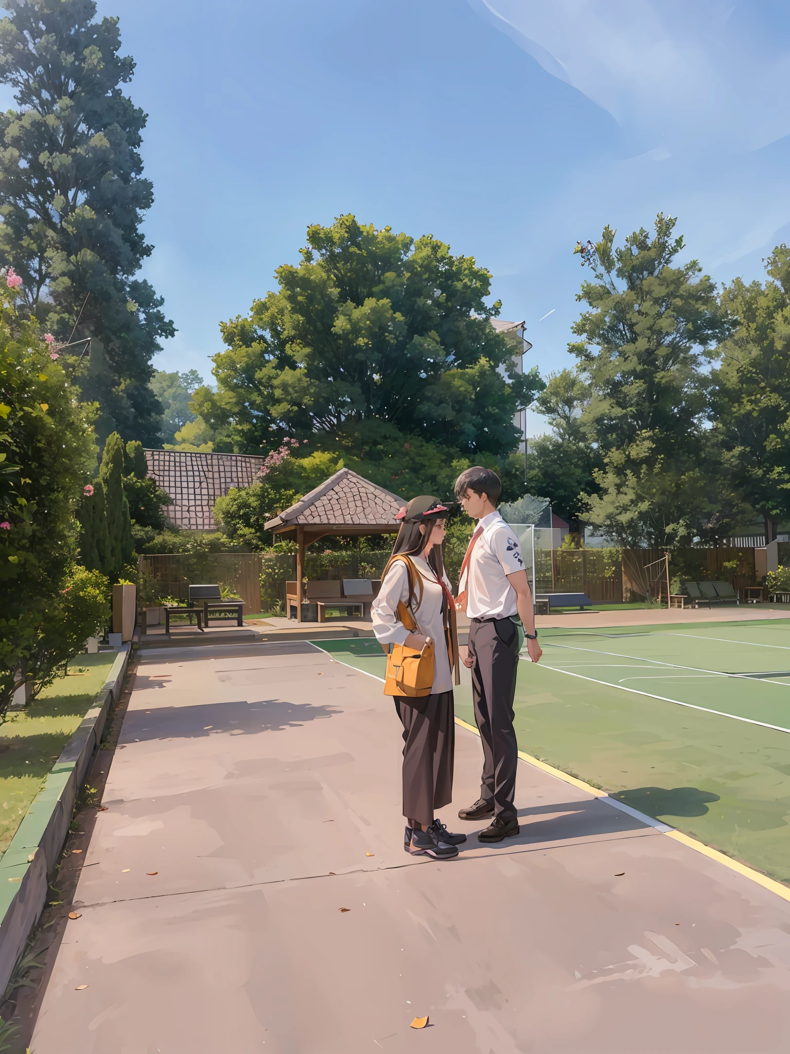 there are two people standing on a tennis court Looking at each other, wpol and sarasti, private moment, student, wearing headmistress uniform, protrait, couple, kuntilanak, in the background, in background, arsitektur nusantara, smooth in _ the background, shot with iphone 1 0, at day, during dawn, scout boy