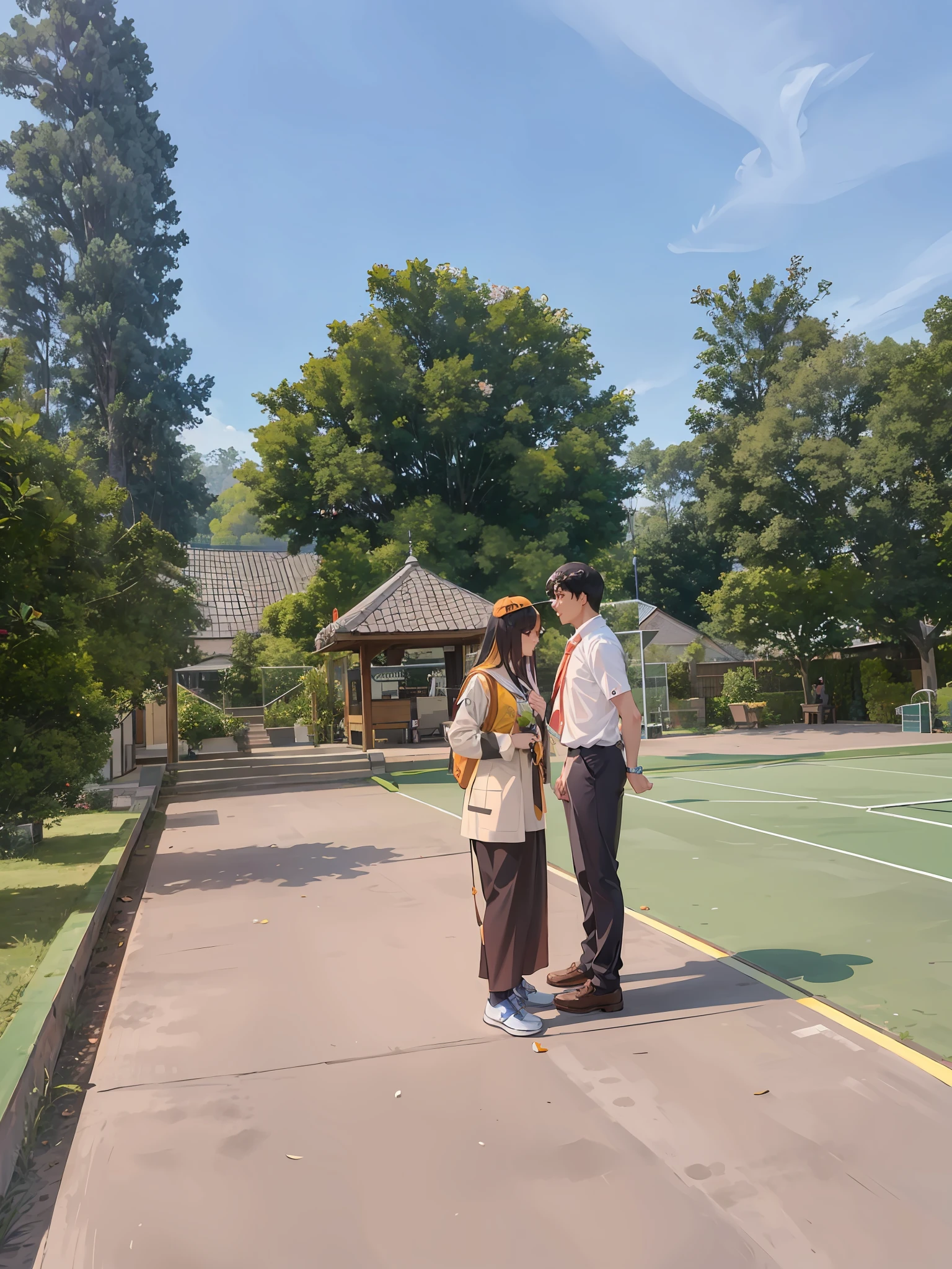 there are two people standing on a tennis court Looking at each other, wpol and sarasti, private moment, student, wearing headmistress uniform, protrait, couple, kuntilanak, in the background, in background, arsitektur nusantara, smooth in _ the background, shot with iphone 1 0, at day, during dawn, scout boy