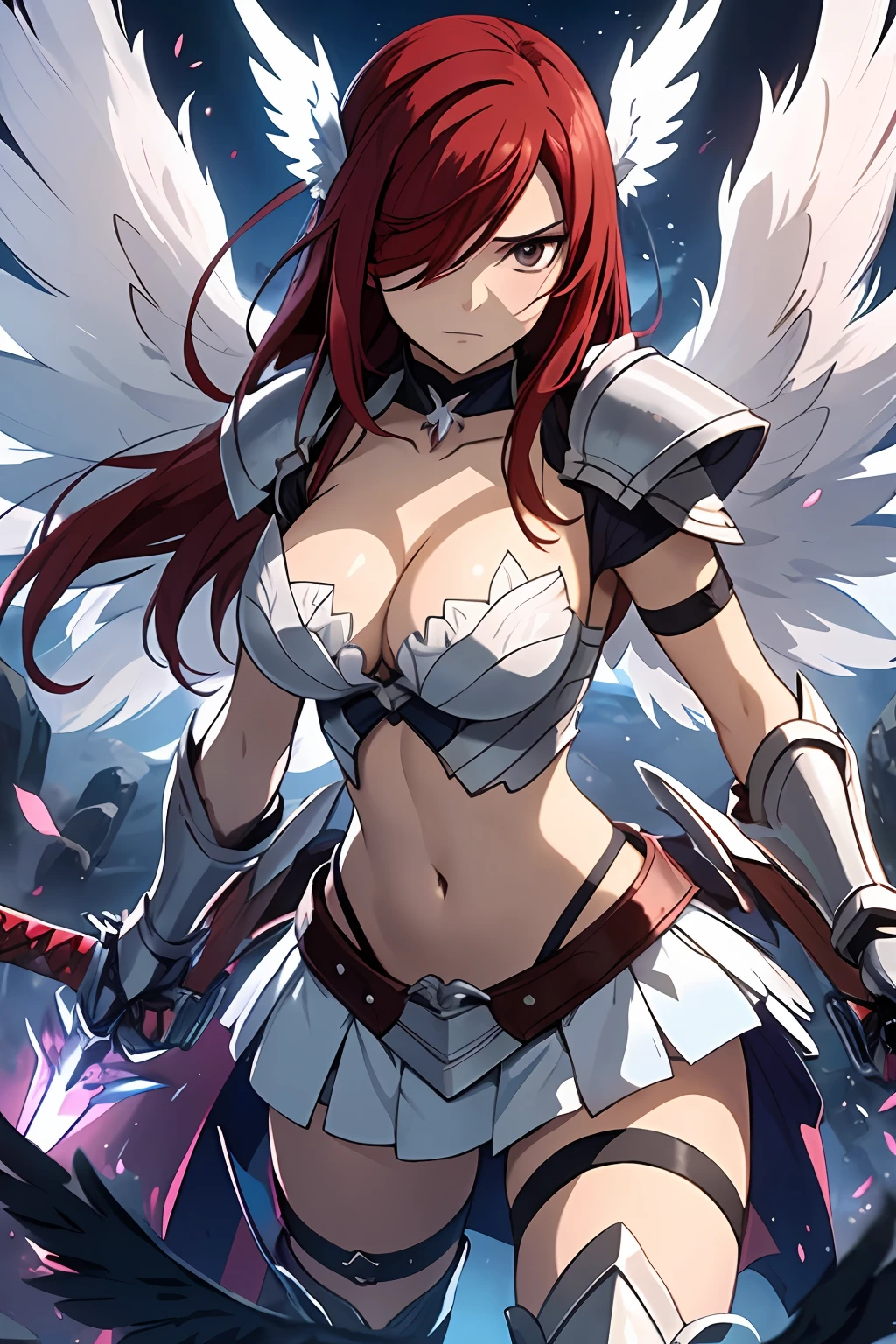 1girl, solo, erza scarlet, fairy tail, red hair, brown eyes, breasts, weapon, navel, sword, holding, long hair, armor, cleavage, hair over one eye, dual wielding, wings, large breasts, midriff, choker, looking at viewer, gauntlets, holding weapon, holding sword,full body