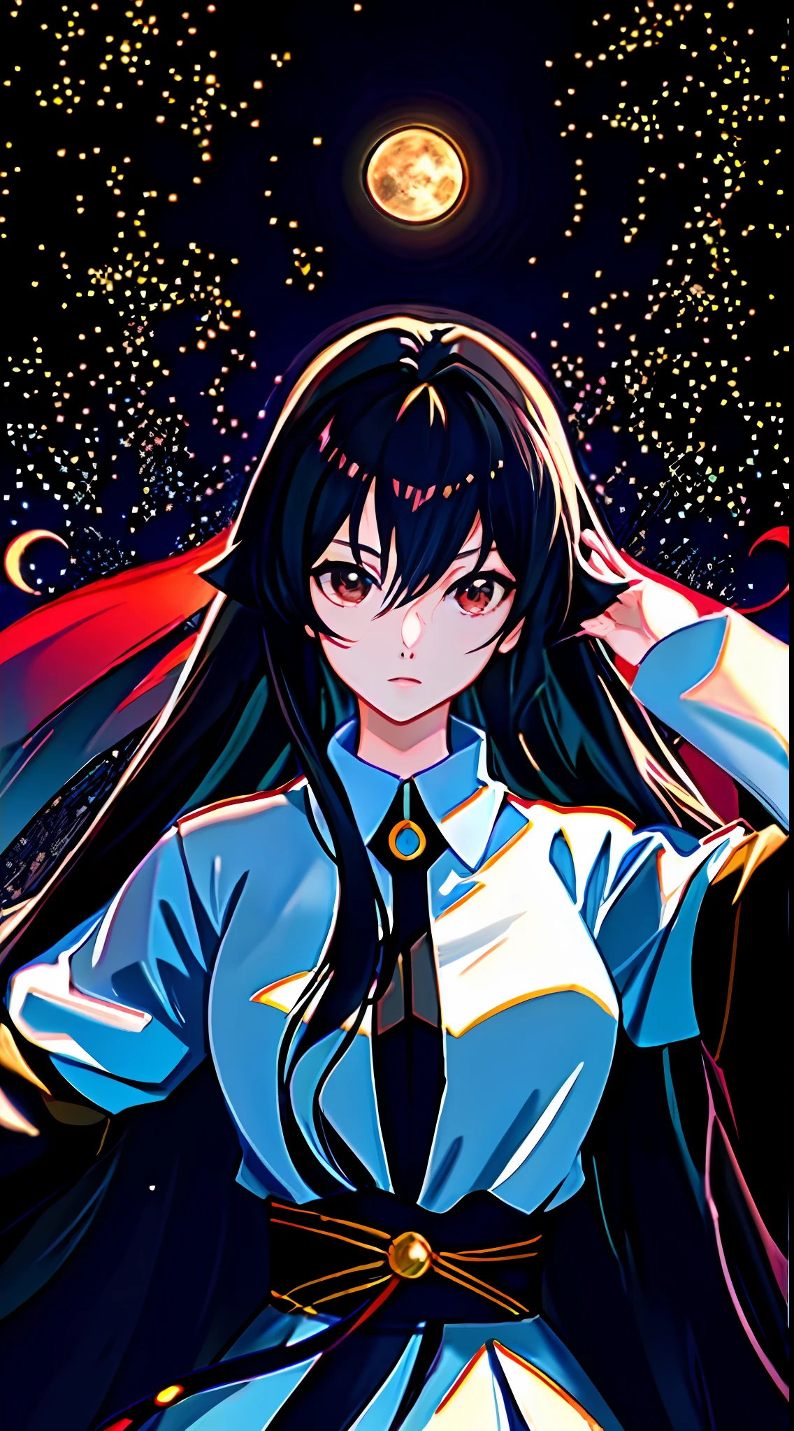 Anime girl with long black hair before full moon, author：Hosomura Kane, : 80s anime style, anime moe art style, Loli, ; visual novel, Star(sky) Starry_sky, ufotable art style, nightcore, [[fantasy]], Hestia, Fanart, anime style like fate/stay night