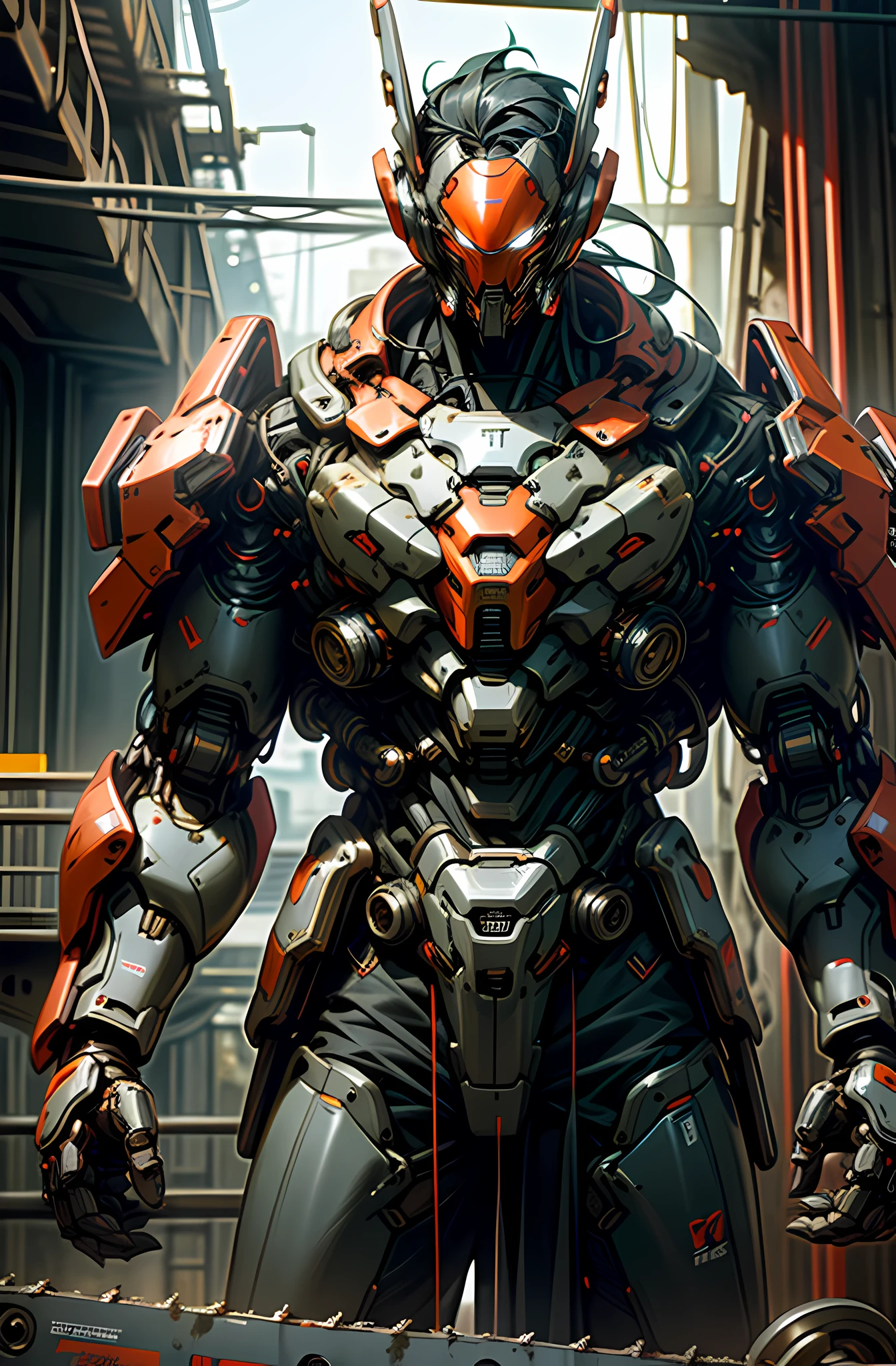 Dark_Fantasy,Cyberpunk,(chain saw,chain saw man,Red:1.1),1man,Mechanical marvel,Robotic presence,Cybernetic guardian, wearing a worn-out mech suit, intricate, (steel metal [rusty]), elegant, clear focus, shot by greg rutkowski, soft lighting, vibrant colors, masterpiece, ((street)), cowboy shot, dynamic pose,