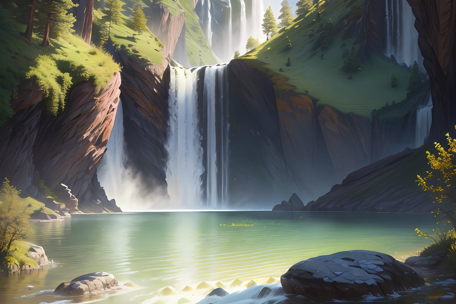 scenecy,Eau,grassy fields,Flowers,suns,mountain peaks(Very detailed CG unity 8k wallpaper),most beautiful artwork in the world,Professional majestic oil painting,iintricate,high detal,sharp fokus,dramatics,Realistic painting art