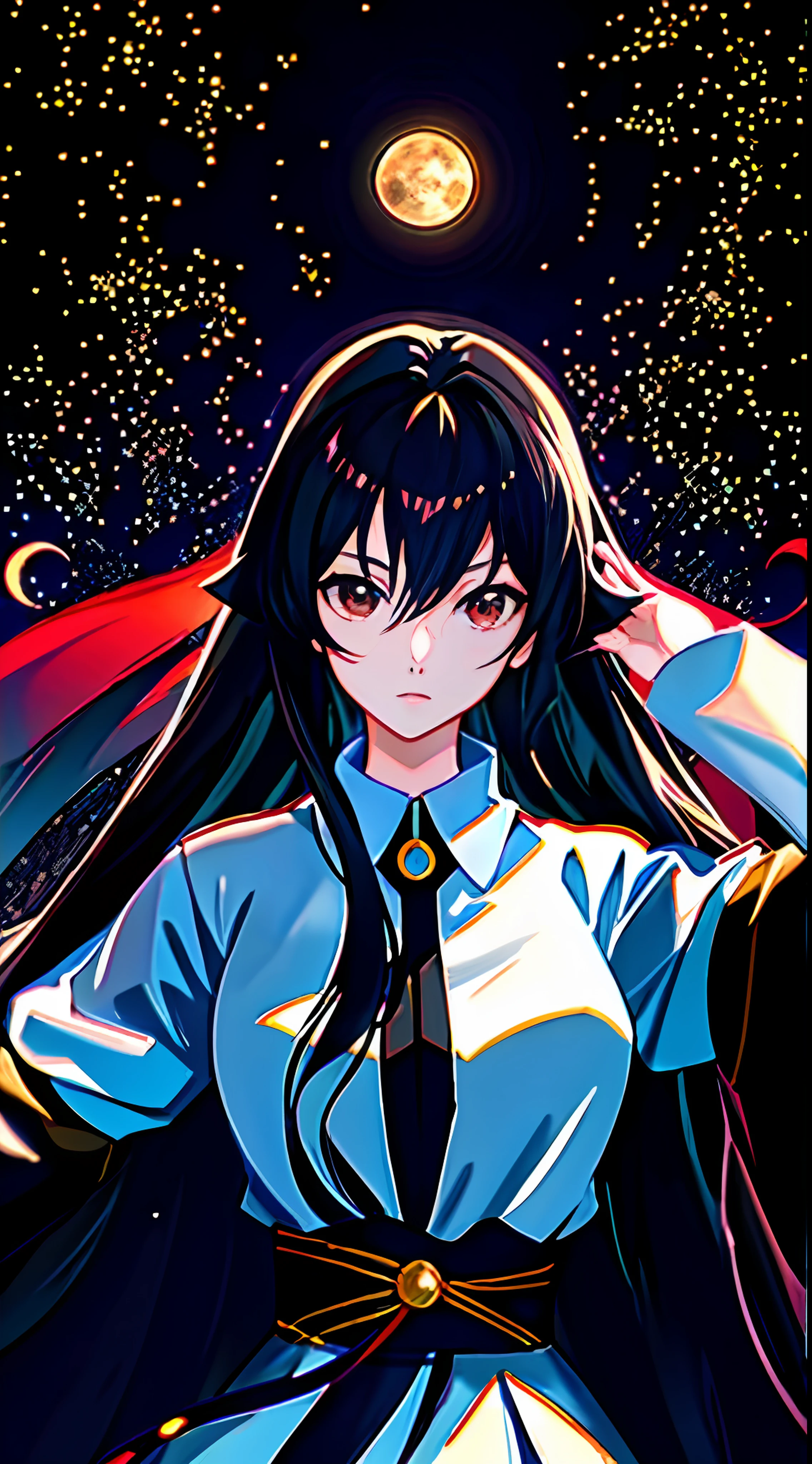 Anime girl with long black hair before full moon, author：Hosomura Kane, :14 80s anime style, anime moe art style, Loli, ; visual novel, Star(sky) Starry_sky, ufotable art style, nightcore, [[fantasy]], Hestia, Fanart, anime style like fate/stay night