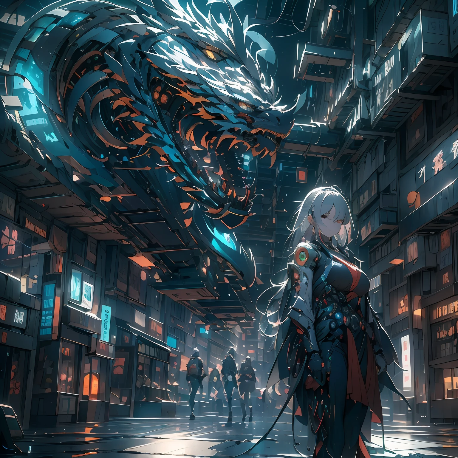 ((A futuristic)), ((mito)), ((fanciful)),Machinary,1girll, Cyberpunk urban environment, gray-haired girl,Avant-garde clothing, (Surrounded by mechanical Asian dragons:1.5), Mechanical dragon,(neonlight:1.2), (cybernetically enhanced:1.1), (Fine dragon scales:1.1), (action-packed scene:1.2), (cinematic compositions:1.1), Mixed media artwork, 8K分辨率,best qualtiy,lightand shade contrast,Unreal 5,