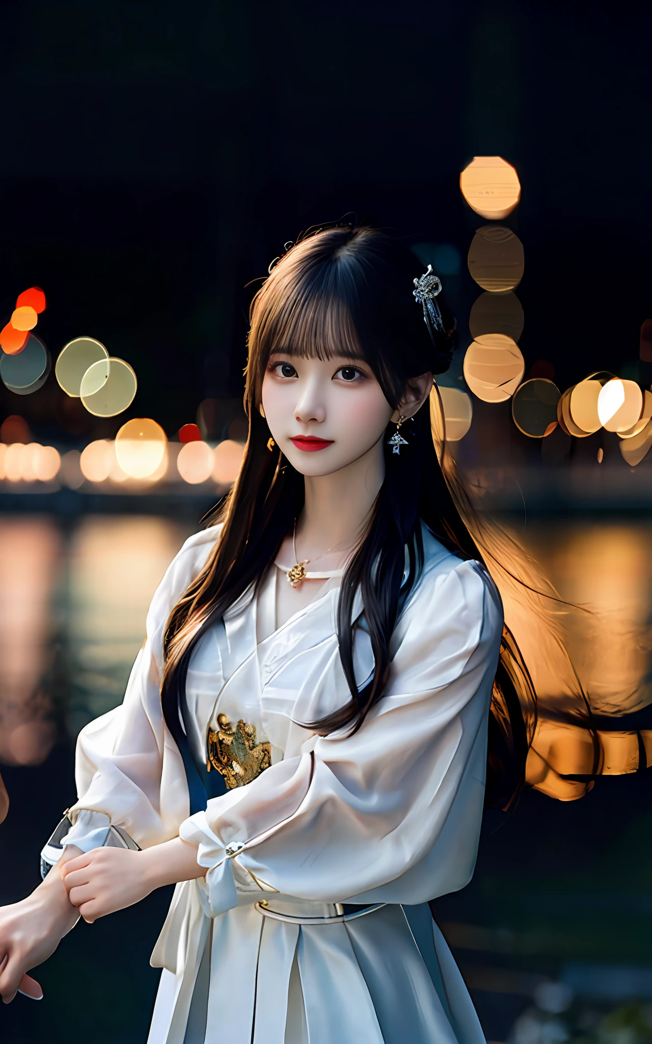 (realisticity: 1.2), best quality,masterpiece,highres,cg,
1girl,weapon,sword,long hair,dress,water,solo,jewelry,white dress,earrings,hair ornament,splashing,upper body,hair bun,black hair, city bacgraun realistis,
lighting,candid,Photograph,high resolution,4k,8k,Bokeh,