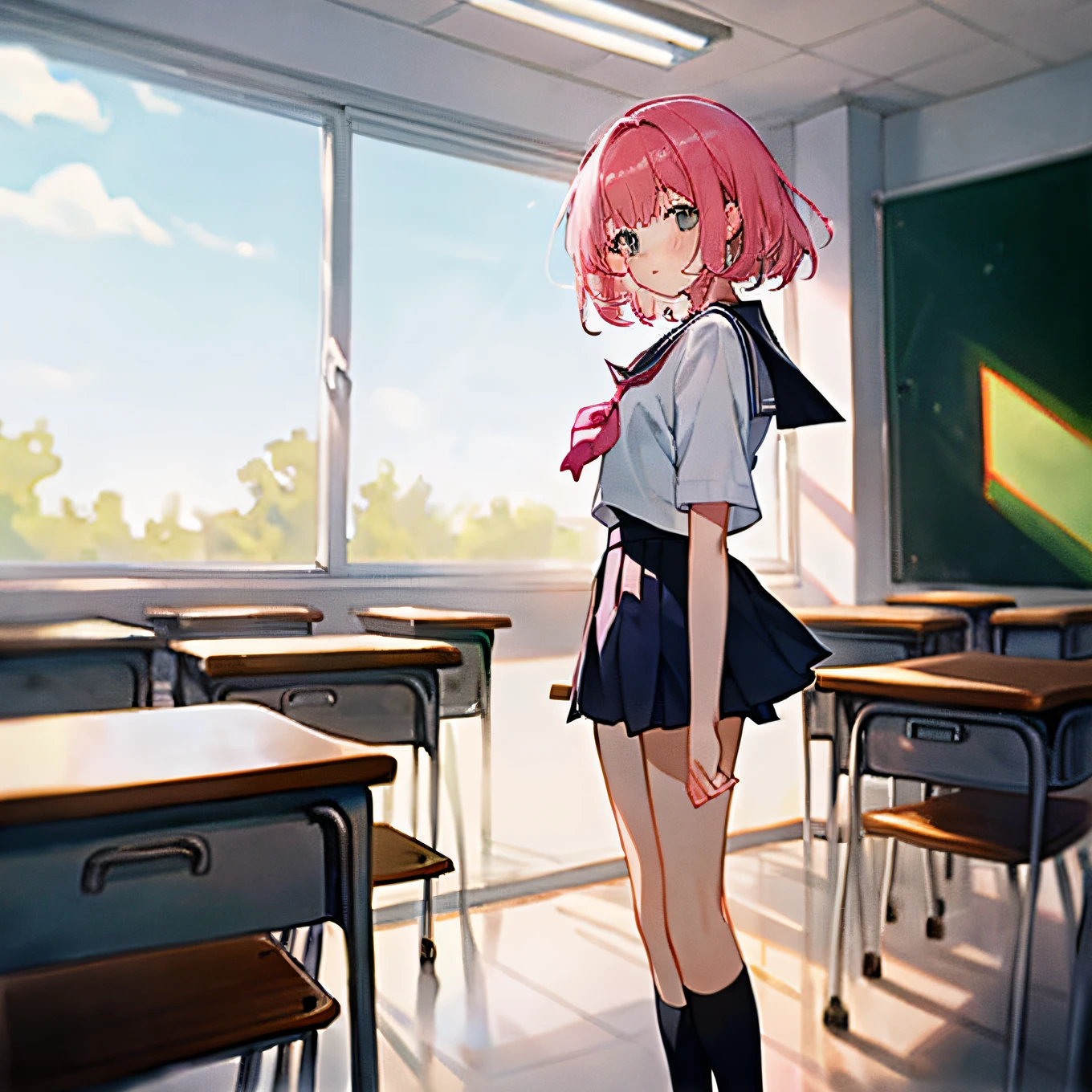 （A beautiful girl 1.2），（Wearing a short skirt school uniform 1.1），（Pink hair1.2），（masterpiece1.2），（High image quality1.2），（Stand inside the classroom 1.1）