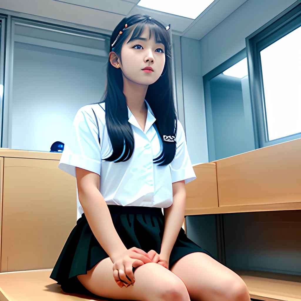 A girl sits in a hospital ward,short skirt,White shirt,Black socks