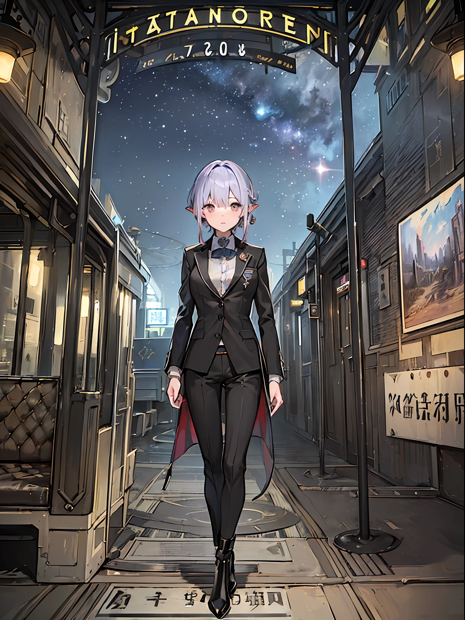 ((8K、masterpiece、top-quality))、Landscape painting、Otherworld、((Unmanned stations))、train track、(((Station name sign)))、creepy atmosphera、goblin、divine atmosphere、femele、Odango Hair、Women's Suits、high-heels、starrysky、milkyway、star trails、7 colors of fog、Detailed drawing、Precision drawings